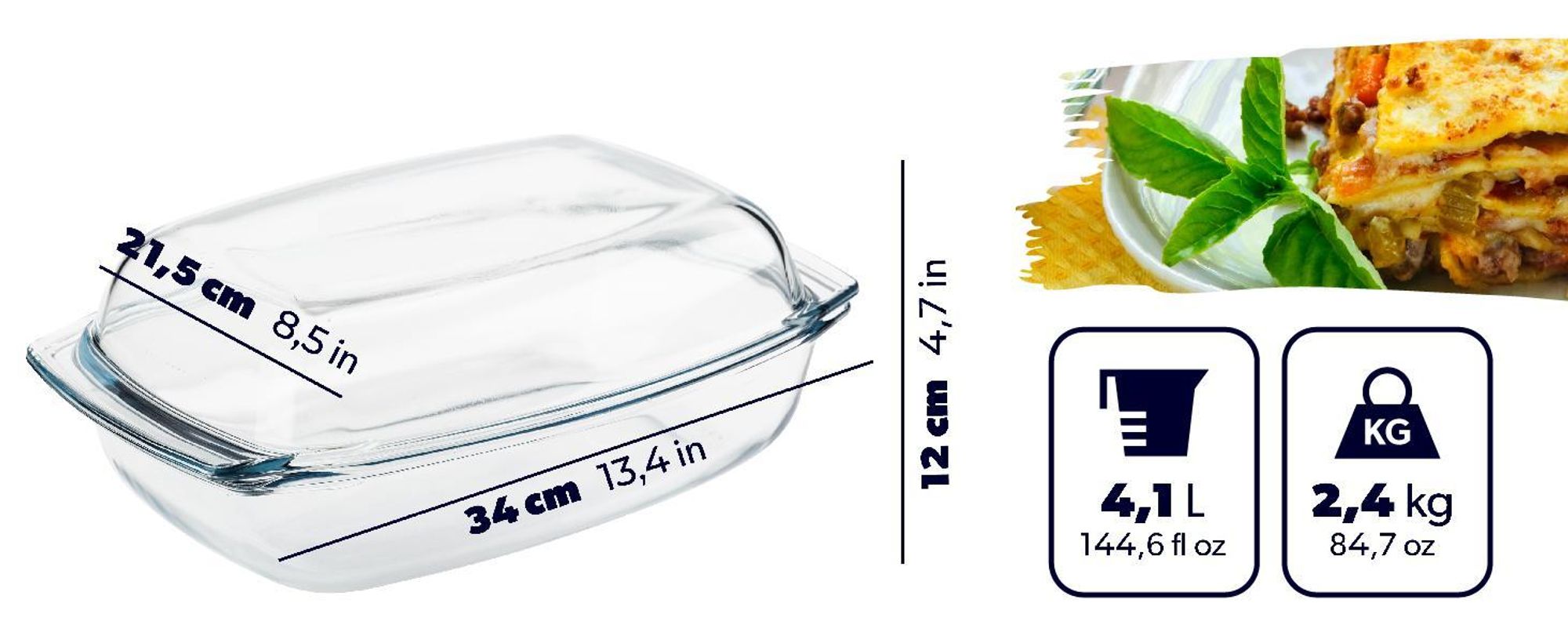 KADAX Auflaufform aus hitzebeständigem Glas „Backe", feuerfestes Gefäß, Glasbräter 4.1L