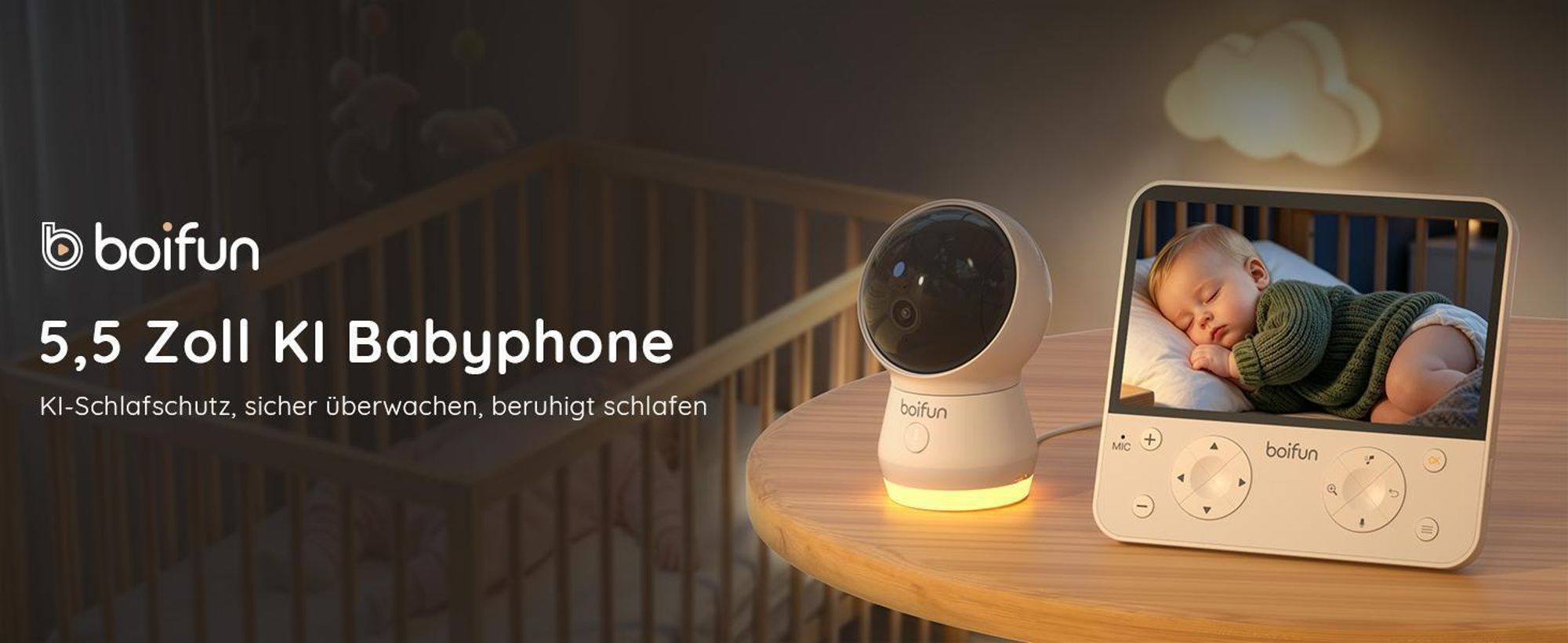 BOIFUN Split Screen Babyphone mit 2 Kameras 5,5 Zoll 4MP HD WLAN Video Babyfon mit App 360° Nachtsicht Musik Nachtlicht Halterung