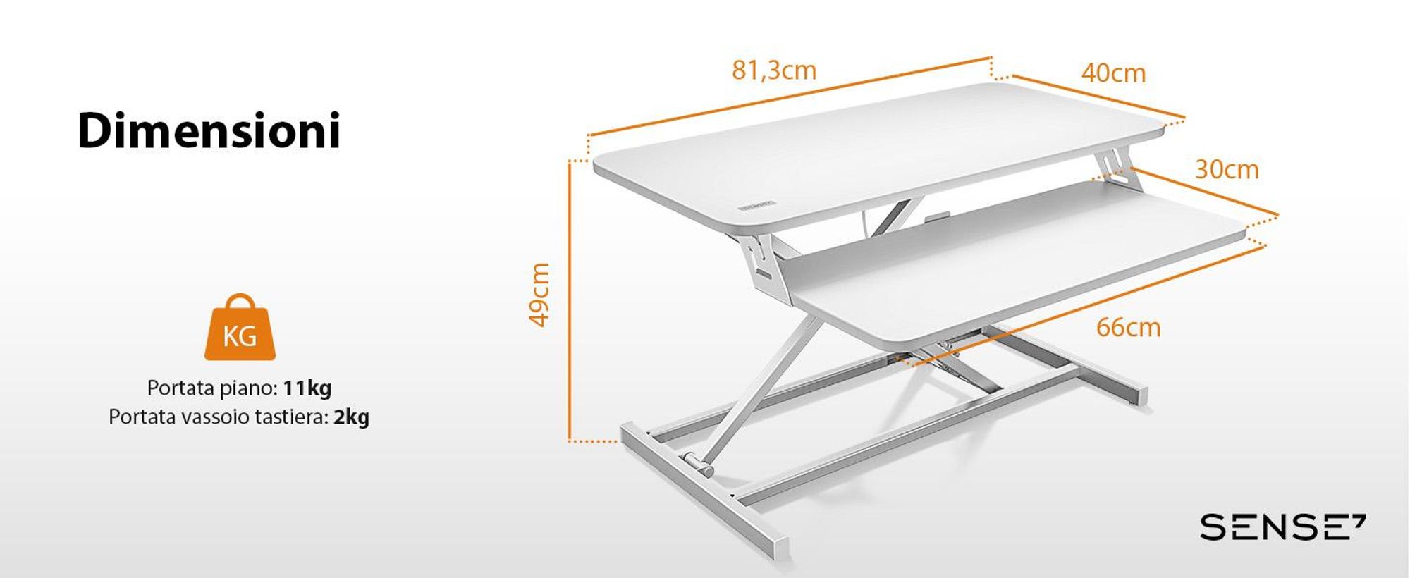 SENSE7 Convertitore da scrivania bianco - Supporto da scrivania ergonomico regolabile in altezza - Postazione di lavoro seduto-in piedi 81x40 cm - Scrivania in piedi da ufficio - Supporto per monitor fino a 13 kg