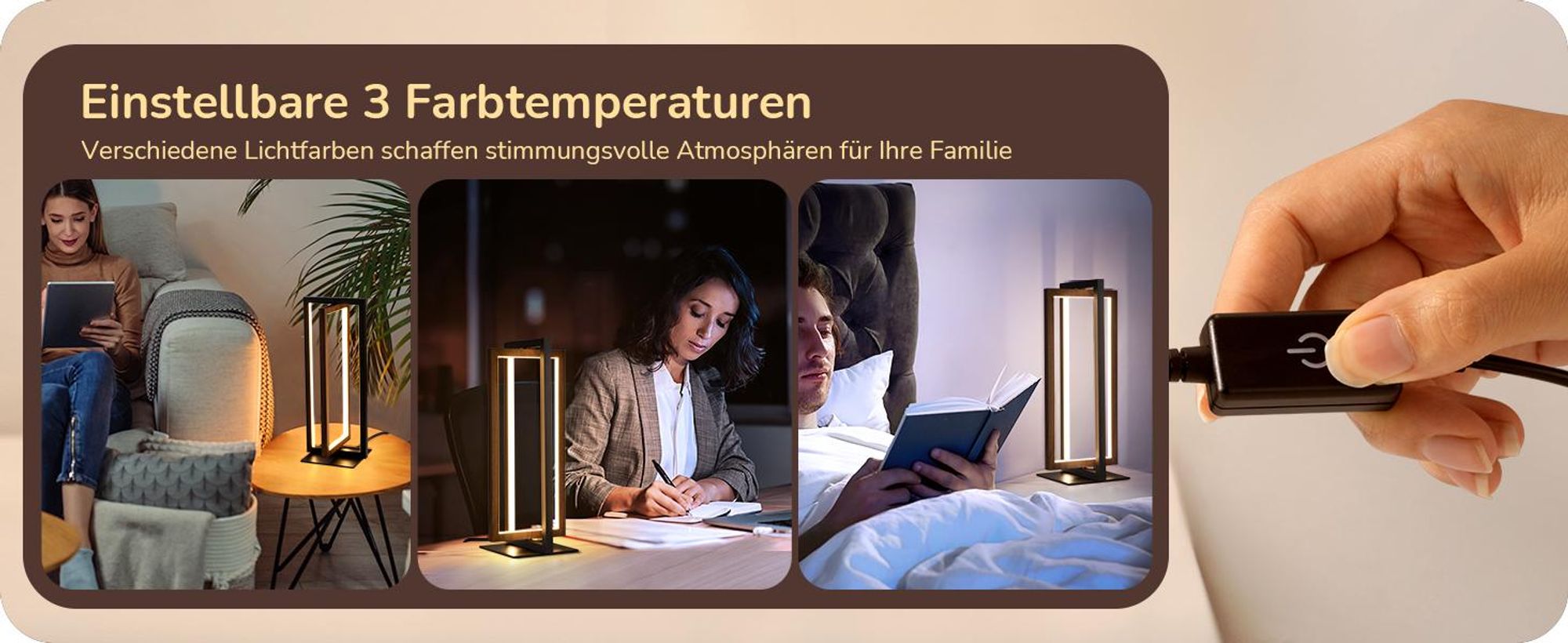 EDISHINE LED Tischlampe, Touch Dimmbare Nachttischlampe, 3 Farbtemperaturen Moderne Schreibtischlampe, Schwarz Walnuss-dunkel