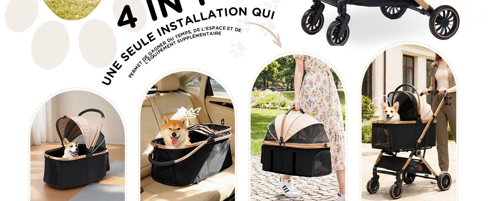 Poussette pour chien COMHOMA pliable jusqu'à 25 kg, roue avant pivotante à 360° en EVA et freins arrière, poussette pour chien 4 en 1, poussette pliable pour chat dorée