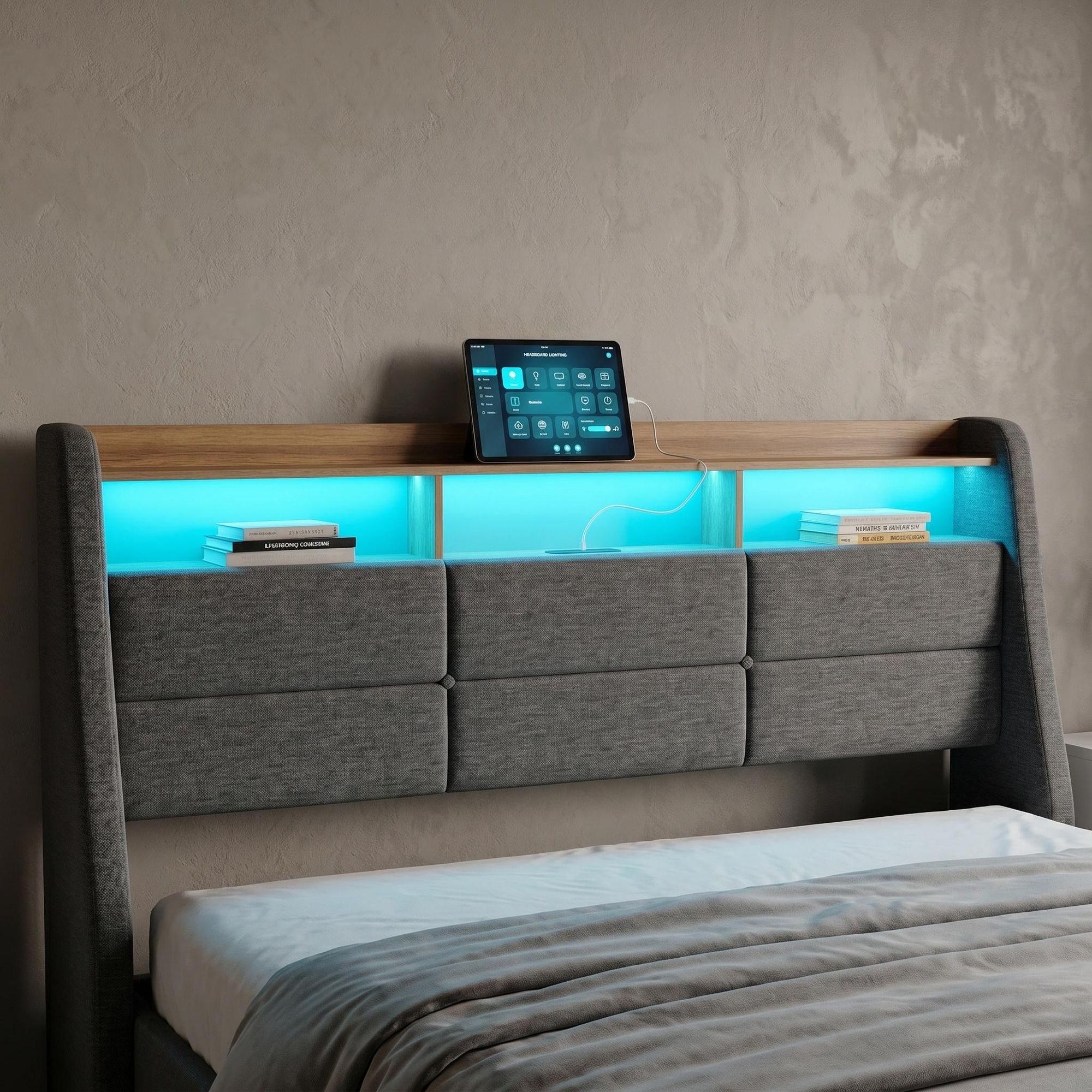 INONEFT Polsterbett 160x200cm mit LED & USB, Hydraulisches Boxspringbett mit Bettkasten, Doppelbett Stauraumbett mit Lattenrost, Leinen, Grau
