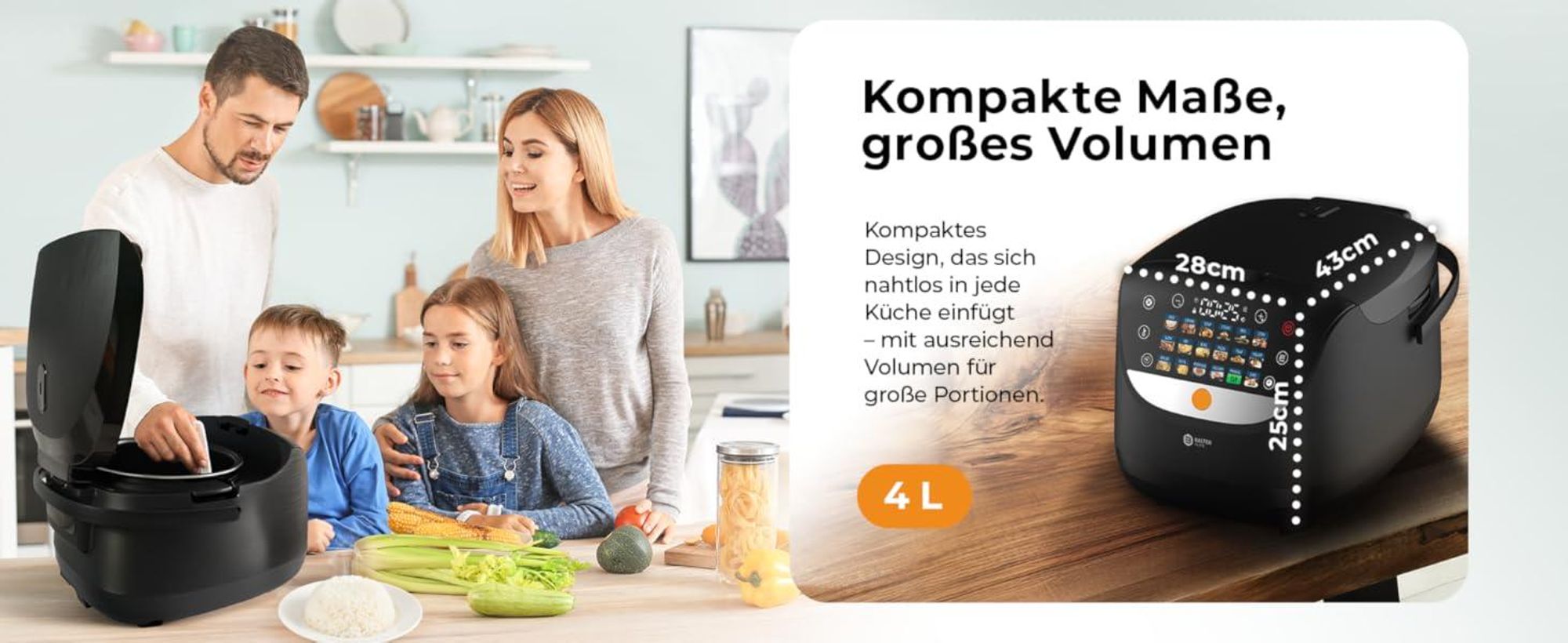 Balter Reiskocher, Multikocher 4L mit 18 Programmen & Warmhaltefunktion, Dampfgarer, Touch-Bedienfeld, Fuzzy-Logic, Premium-Topf, Klein, Schwarz