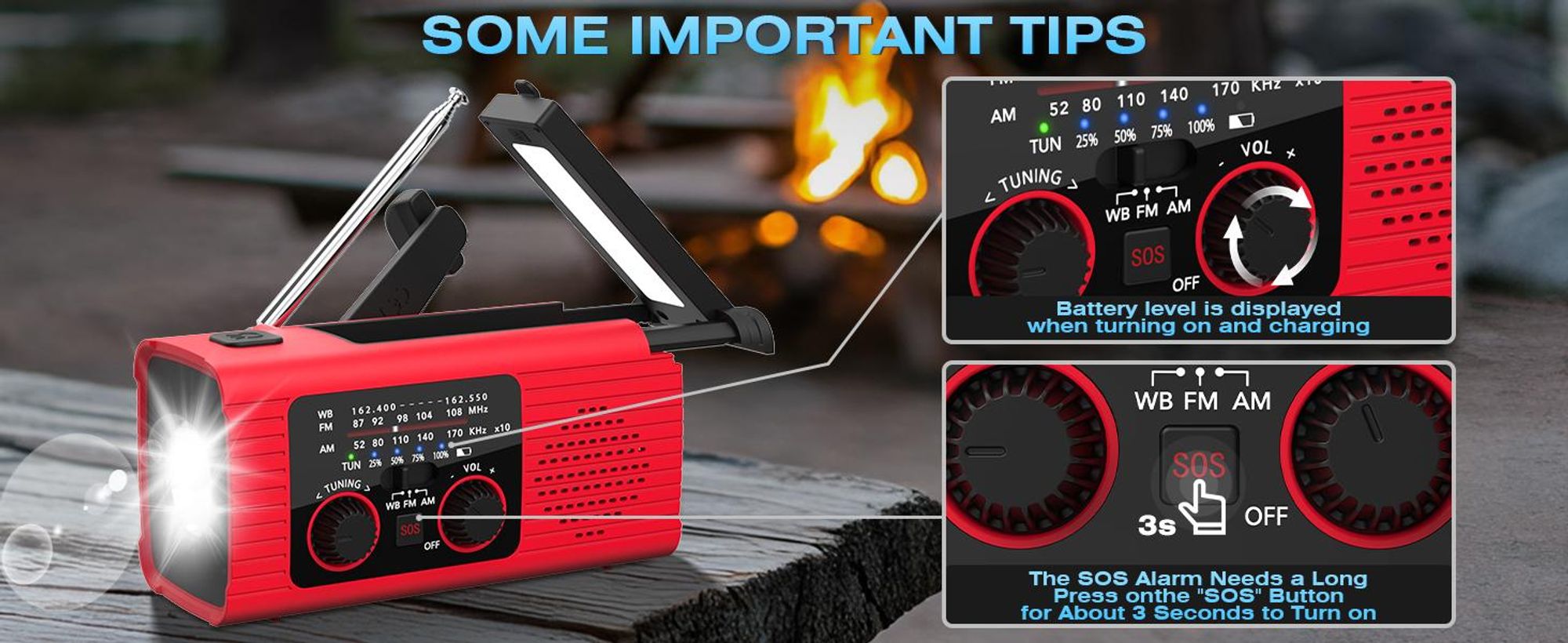 Solar Radio, Kurbelradio mit LED-Beleuchtung, AM/FM Radio mit 4000-mAh-Akku, USB-C, Powerbank-Funktion, Notfallradio, Alarmanlage, 3-Wege-Aufladung