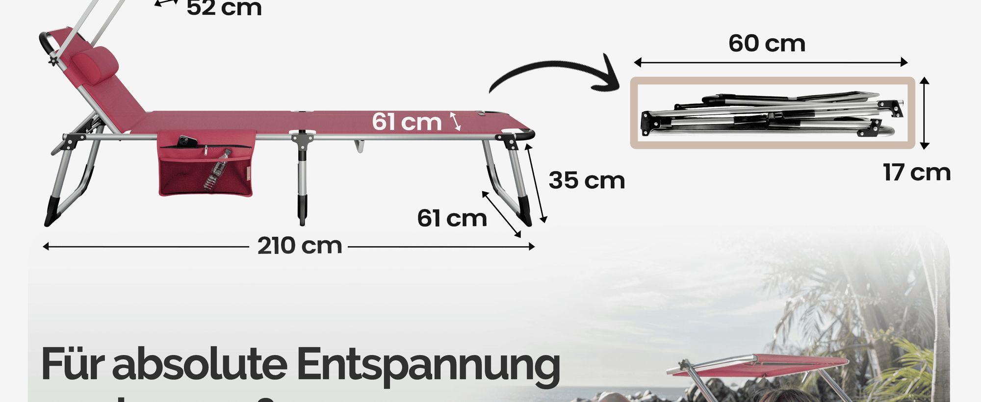 CASARIA® Sonnenliege Klappbar Wetterfest Gartenliege mit Dach Kissen Seitentasche 180kg Belastbar Leicht Alu Garten Liegestuhl Relaxliege Pool Rot