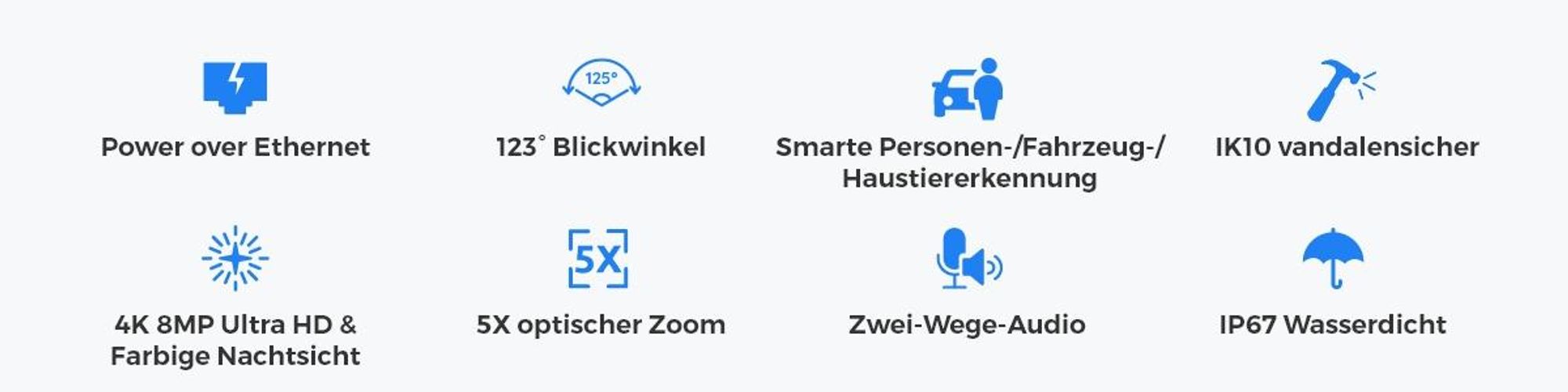 Reolink RLC-843A, 4K 8MP IK10 Vandalenschutz PoE Überwachungskamera, 5X optischem Zoom, Farbnachtsicht, Smarte Erkennung, 2-Wege-Audio, IP67, Sirene