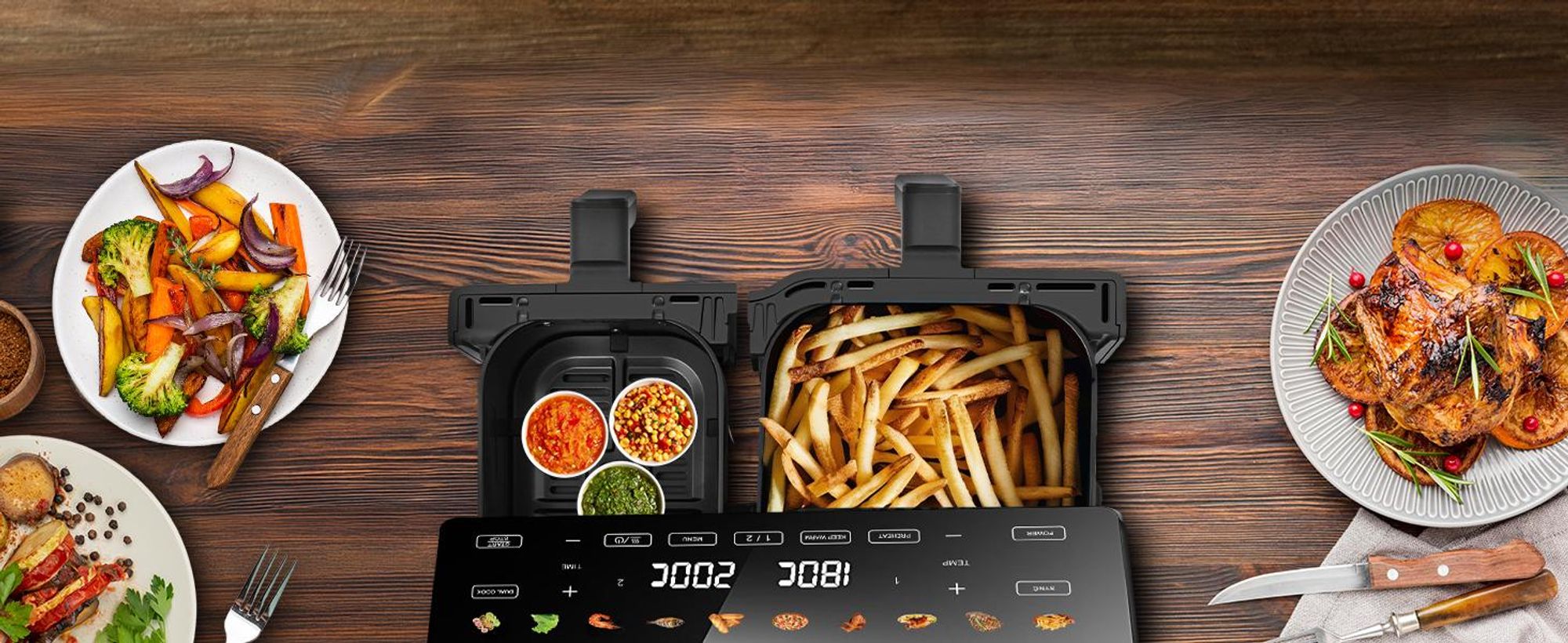 Extralink Air Fryer Dual Basket 10 l Heißluftfritteuse 2500 W mit 2 Körben und Touchdisplay