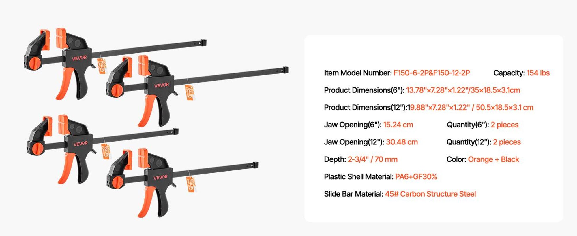 VEVOR Holzspannzangen, 2er-Pack 24" Einhandzange/Spreader, Schnellwechsel-F-Spannzange mit 300 lbs Tragfähigkeit, Hochfester Kunststoff und Kohlenstoffstahl, Holzspannzangen für Holz- und Metallbearbeitung, Schnellklemme-Verbessert-a, 12 inchx2+6 inchx2