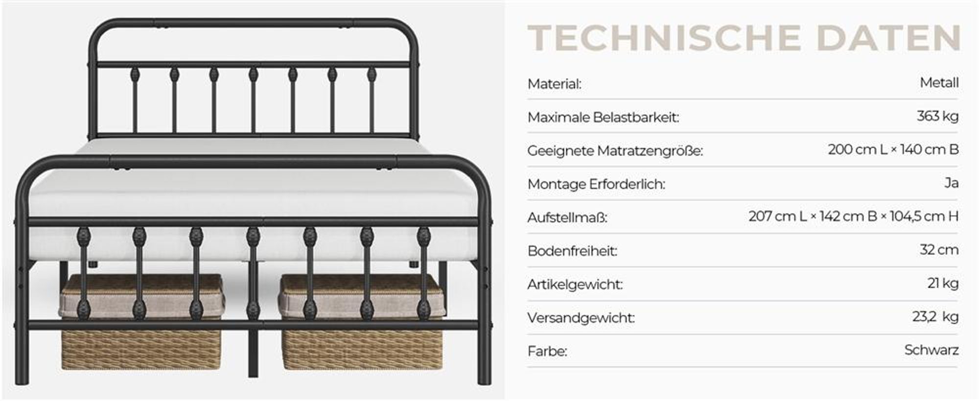 Yaheetech Bettrahmen Metallbett 140 x 200 cm, Bettgestell aus Metall mit Lattenrost, Modern Gästebett Jugendbett, Schwarz
