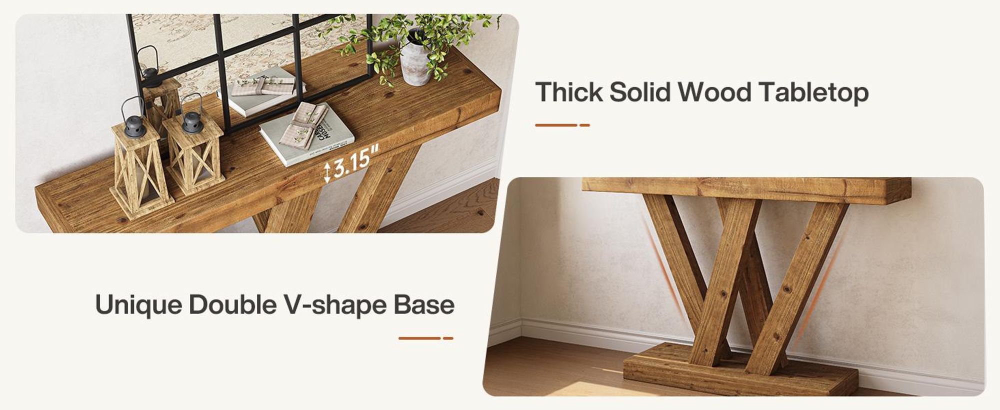 Tribesigns Massivholz-Konsolentisch, 120 cm Bauernhof Eingang Sofa Tisch mit Doppel V-Form Basis für Wohnzimmer Flur