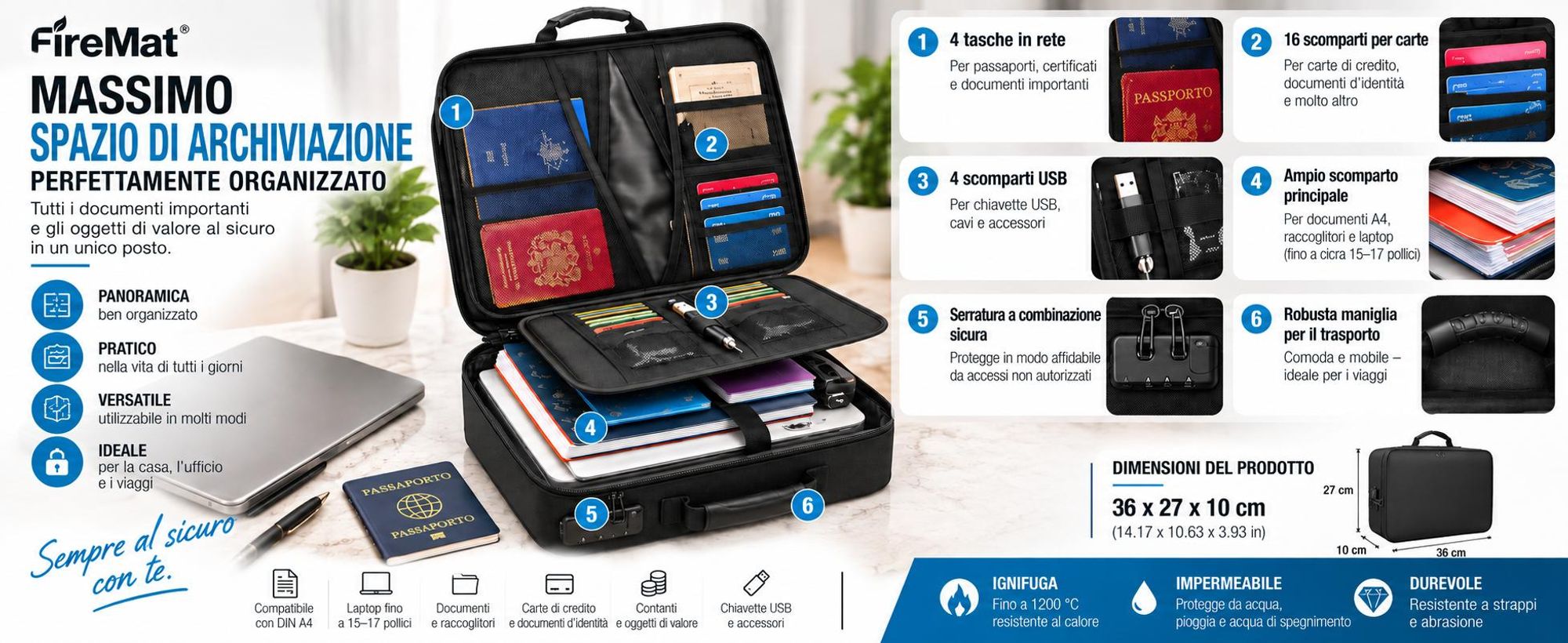 Borsa portadocumenti ignifuga con serratura,Valigetta impermeabile e borsa per laptop, protezione estrema dal fuoco: resistente al calore fino a 1200C