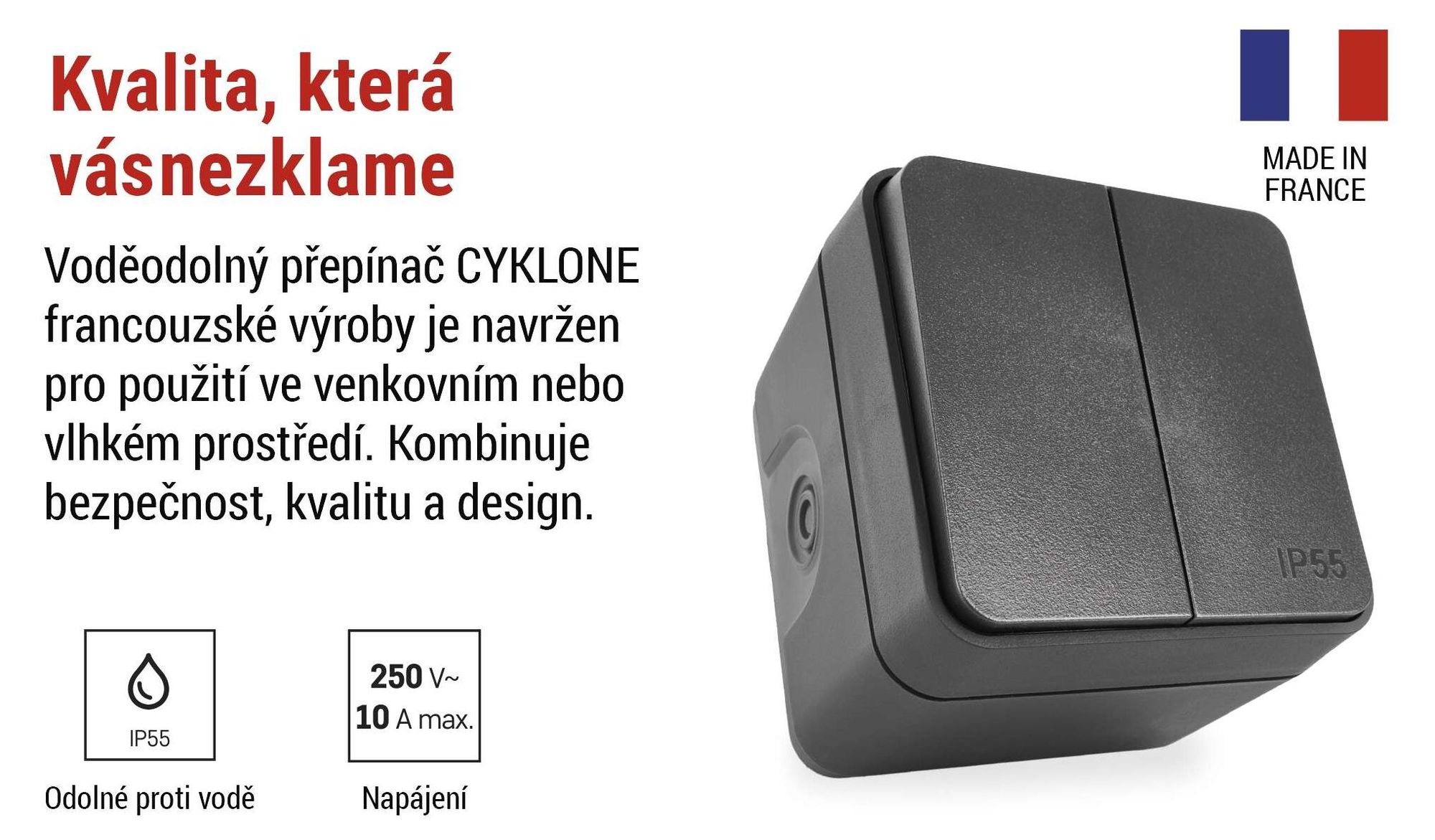 EMOS Cyklone venkovní dvojitý nástěnný vypínač, vodotěsný IP55, vnitřní / venkovní / vlhký prostor, povrchová montáž, šedá / antracitová, D730423