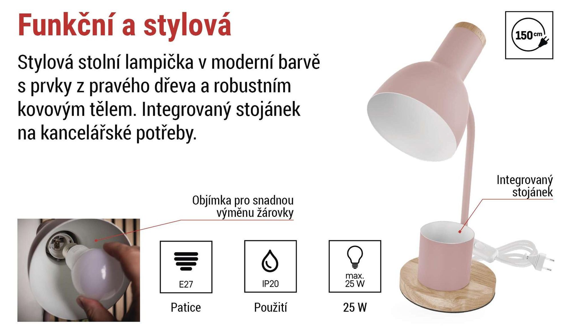 EMOS LED stolní lampa POPPY se stojanem na propisky, závit E27, kabel 1,5 m s vypínačem a eurozástrčkou, bez žárovky, E27 max. 25 W, růžová, Z7640P