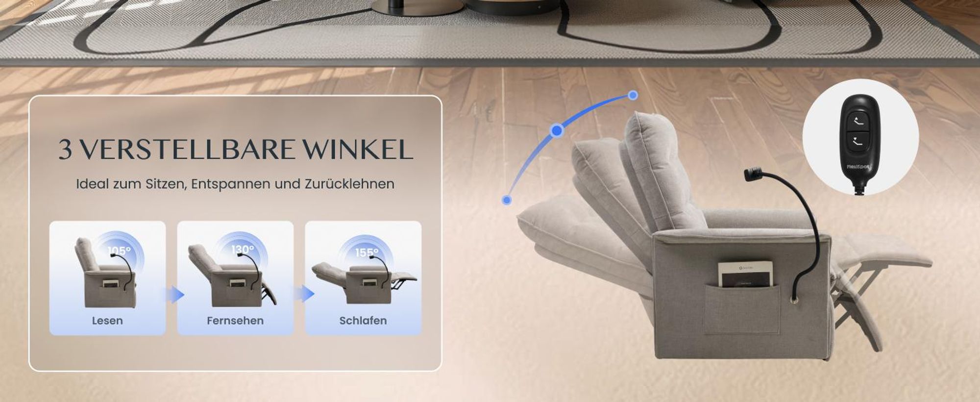 FLEXISPOT Elektrischer Relaxsessel mit Handyhalterung, ergonomischer Liegesessel mit Liegefunktion, Fernsehsessel bis 200kg belastbar, Lichtgrau