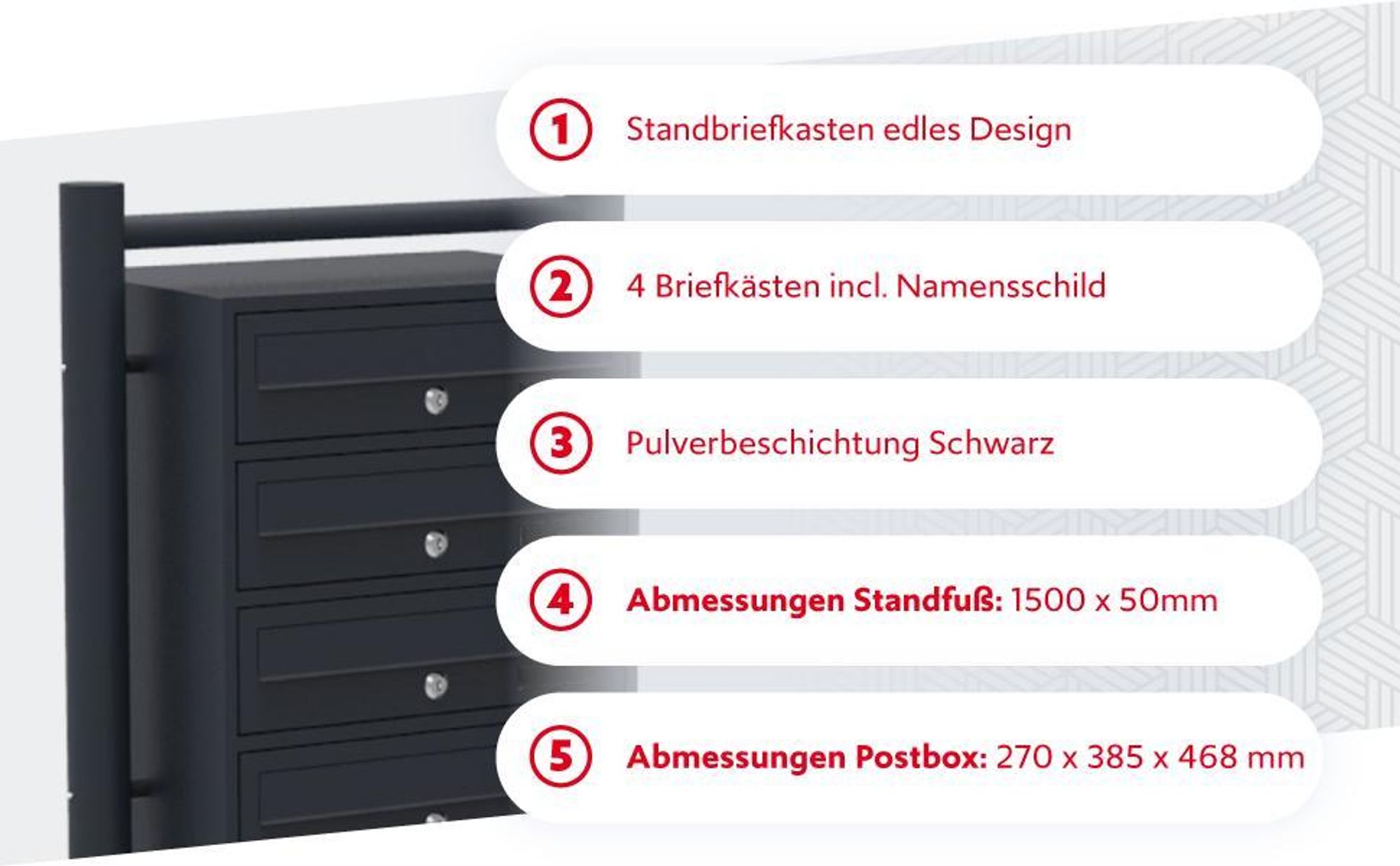Wiltec 4er Briefkastenanlage schwarz 556 x 270 x 1500 mm, Standbriefkasten mit 4 Fächern, Schlüssel und Namensschild, Briefkasten Postkasten mit Ständer