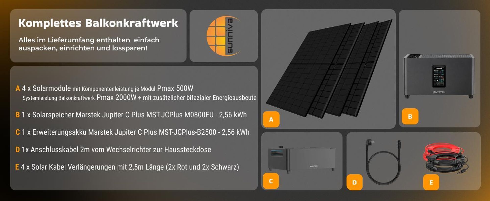SUNNIVA® 2000W Balkonkraftwerk mit 5,12 kWh Speicher MARSTEK Jupiter C + Plus, 4x500W BIFAZIAL FULLBLACK komplett Steckdose, Solaranlage Solarspeicher