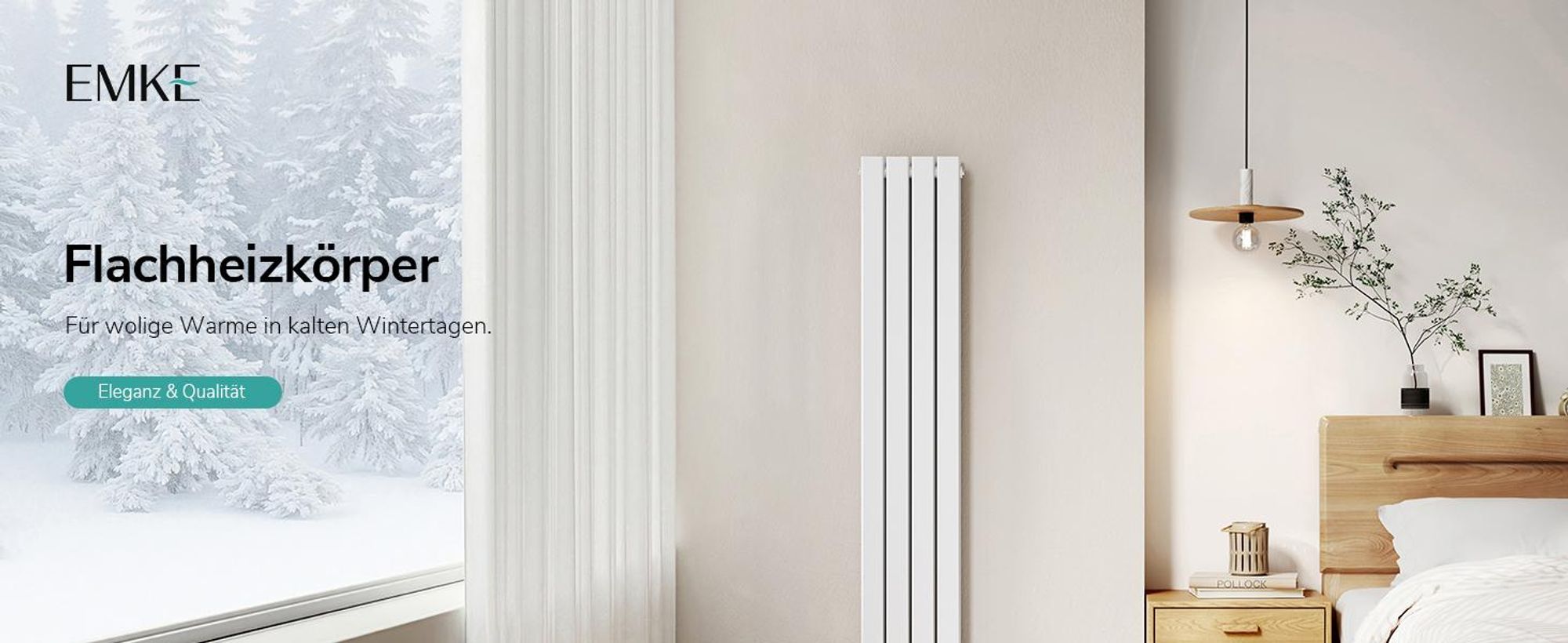 EMKE Heizkörper Flach Heizkörper Design Paneelheizkörper Weiß Vertikal Doppellagig 1600x 300 mm 966W ohne Heizstab