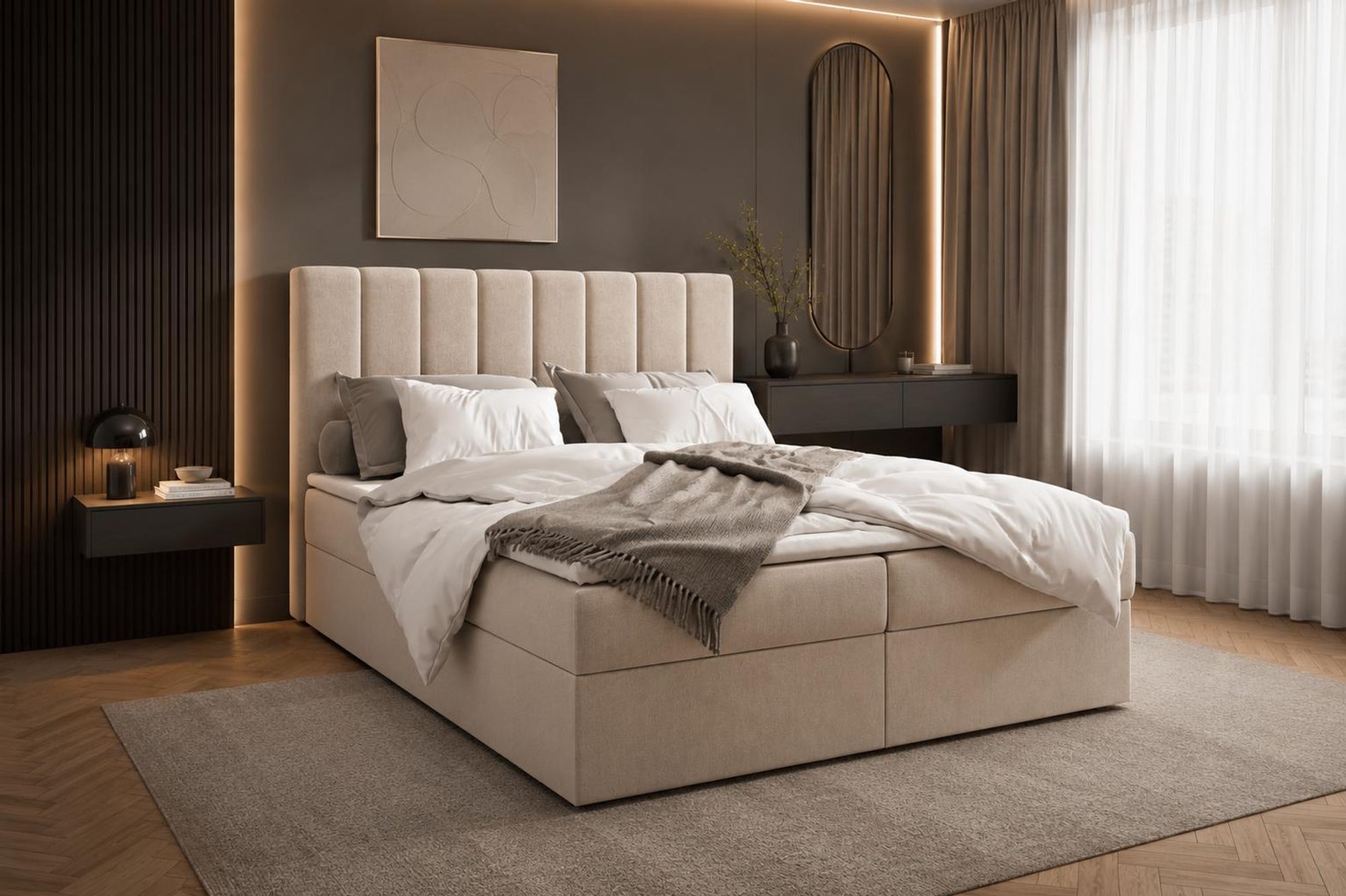 Kontinentalbett aus Samt, Polsterbett, Boxspringbett, dekorativem Kopfteil Doppelbett mit Bonell-Matratze, Topper und Bettkasten (gepolstertes Kopfteil, Boxspring) Boxspringbett Bett 01 –160x200 - Trinity 2 - Beige