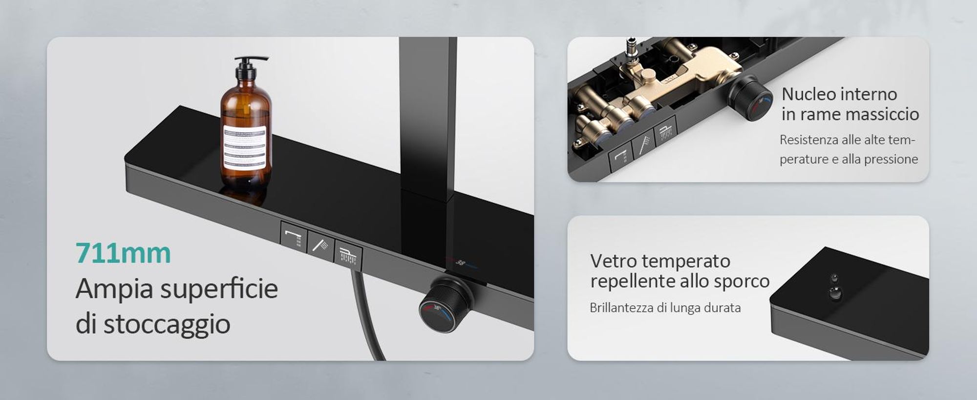 Sistema doccia EMKE Set doccia con termostato, ripiano in vetro extra-largo da 710 mm, doccia a pioggia, rubinetteria per vasca e doccia nero opaco