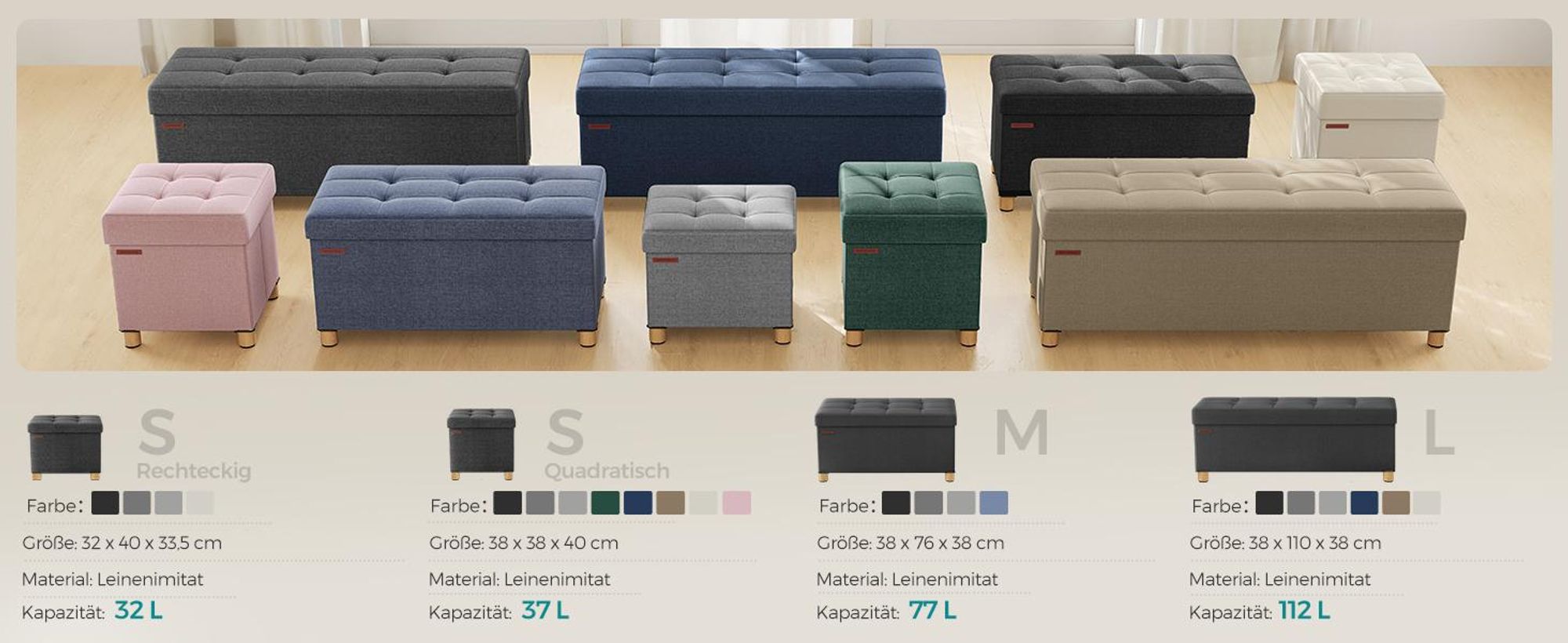 SONGMICS Sitzhocker, 112L, klappbare Sitztruhe, Aufbewahrungsbox, Dunkelgrau