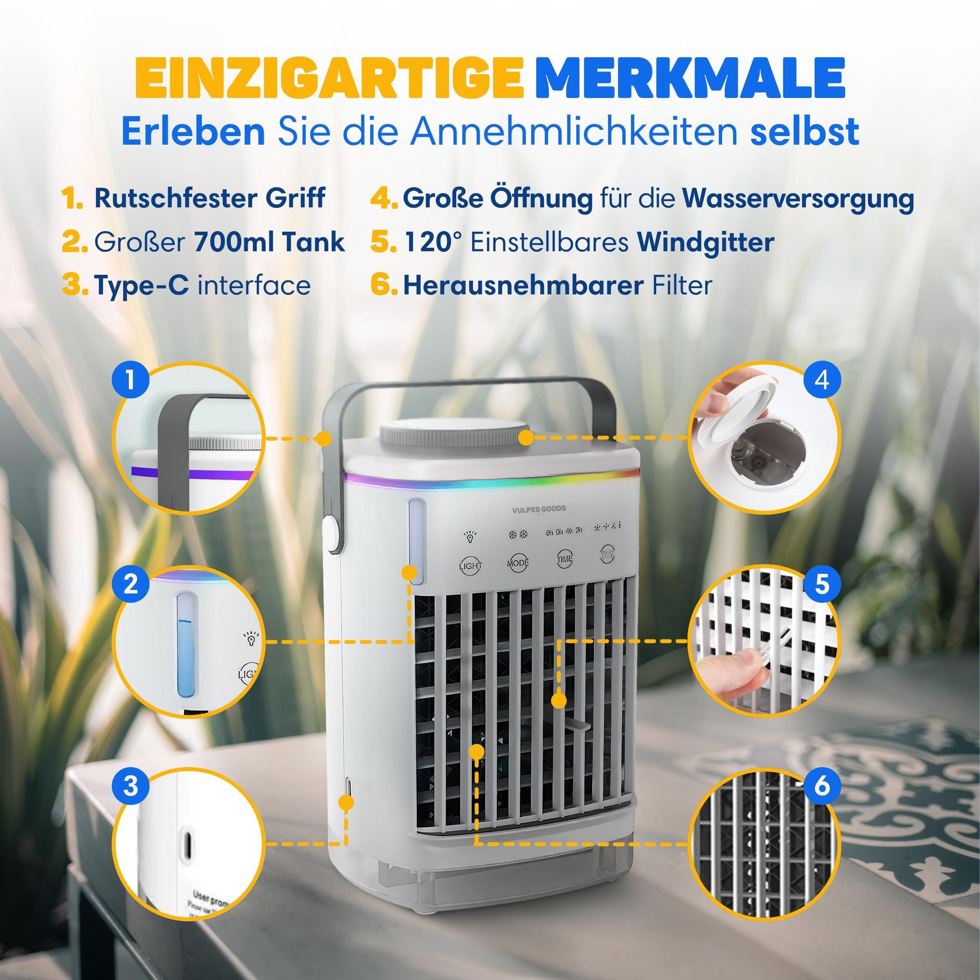 Vulpes Goods Mini-Klimaanlage, Mobile Klimaanlage, Luftkühler 4-in-1, 4 Windgeschwindigkeiten, 2 Luftbefeuchtungsmodi, Timer, Auslaufsicher