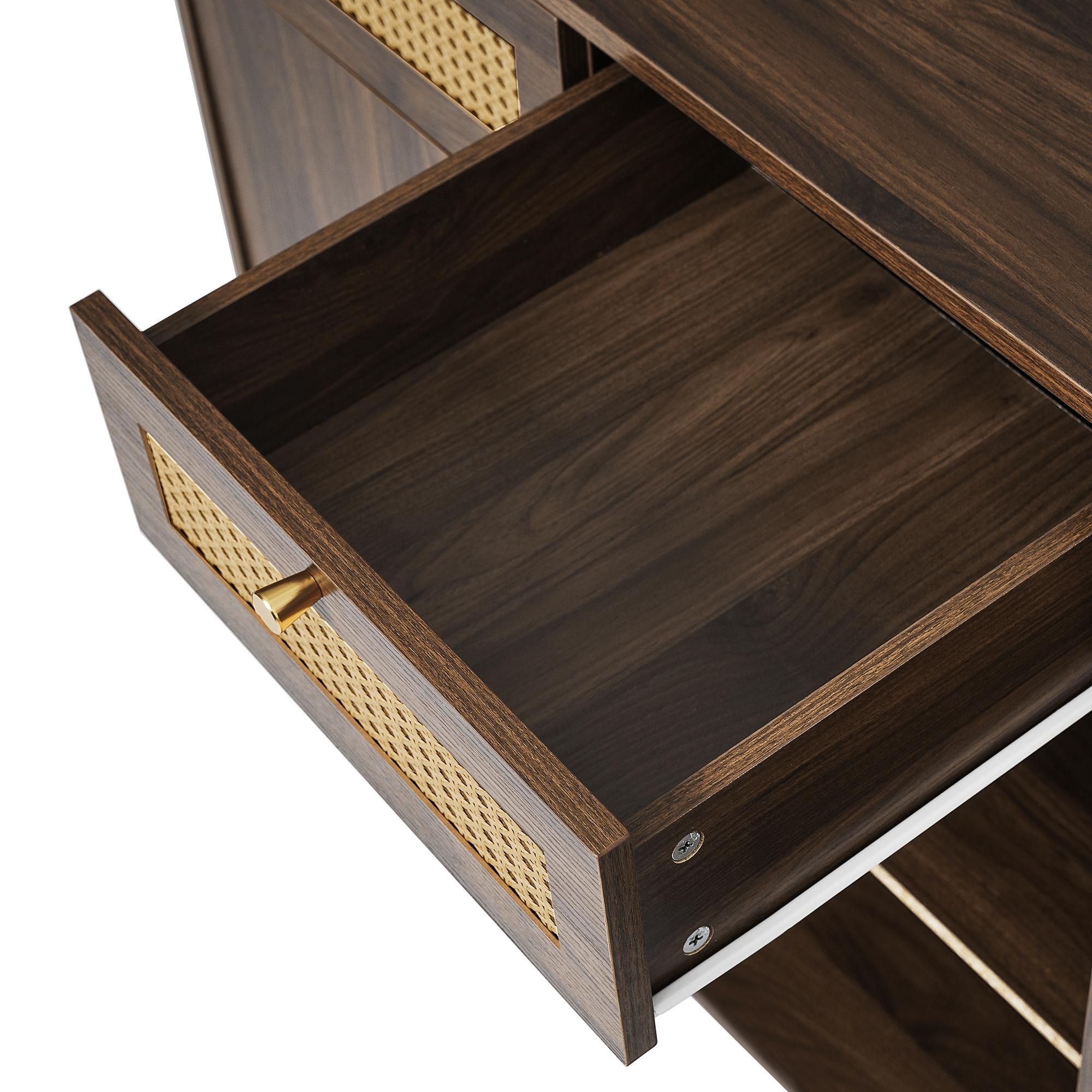 Flieks Kommode Wohnzimmerschrank Rattan mit 3 Schubladen, Sideboard Aufbewahrungsschrank mit höhenverstellbaren Einlegeböden, Walnut