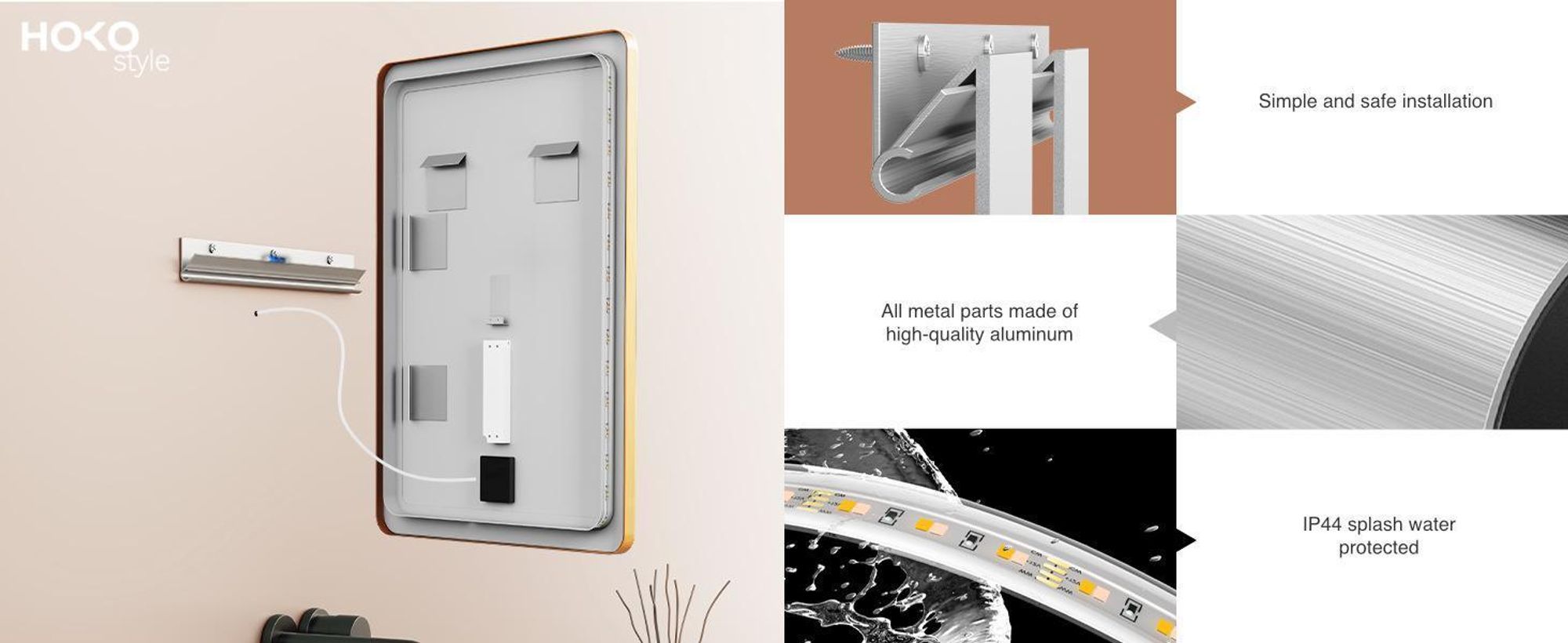 Miroir de salle de bain HOKO 70x100cm avec cadre+interrupteur tactile+alternance lumière blanc chaud/blanc froid/neutre. Lumière avec interrupteur tactile et allumage par interrupteur mural