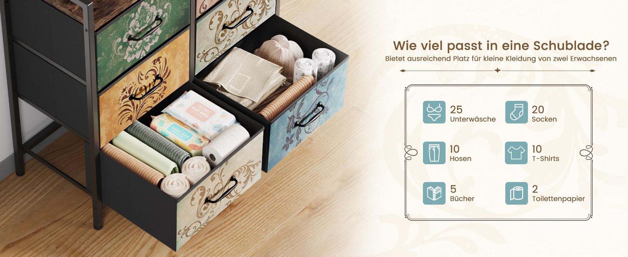 Mondeer Kommode Schubladenschrank mit 6 Blumenstoff Schubladen,mit Metallrahmen und Schubladen aus Vliesstoff, Retro-Stil 80x30x84cm