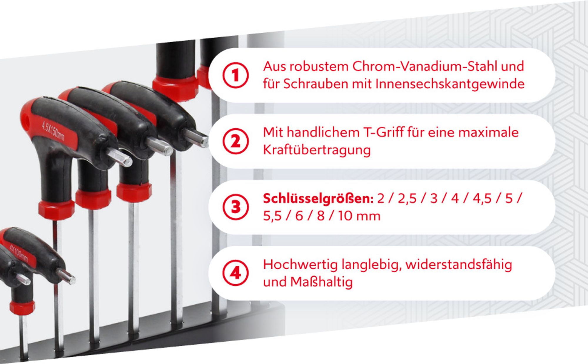 Wiltec Innensechskantschlüsselsatz 11tlg. 2-10mm mit 15-28cm Länge und thermoplastischen Gummigriffen in T-Form, Innensechskant Winkelschlüssel Satz