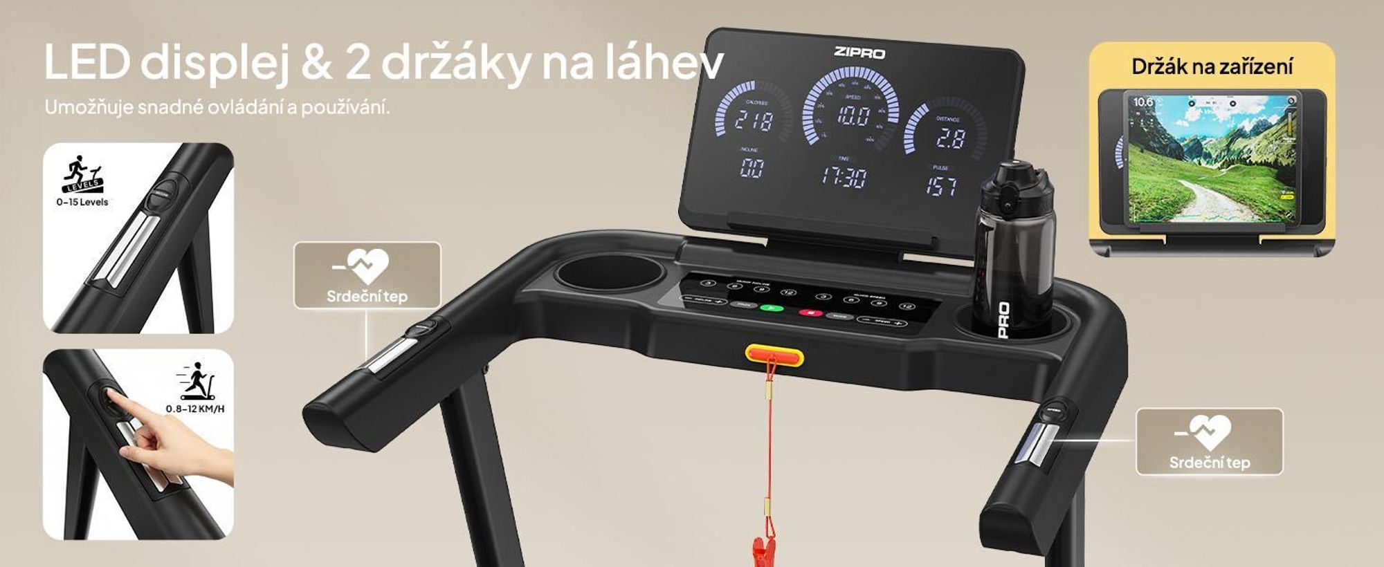 ZIPRO Luma Sklopný bežecký pás so sklonom – Elektrický bežecký pás pre domáce použitie 12 km/h Domáci trenažér Fitness zariadenie Kinomap App Bluetooth