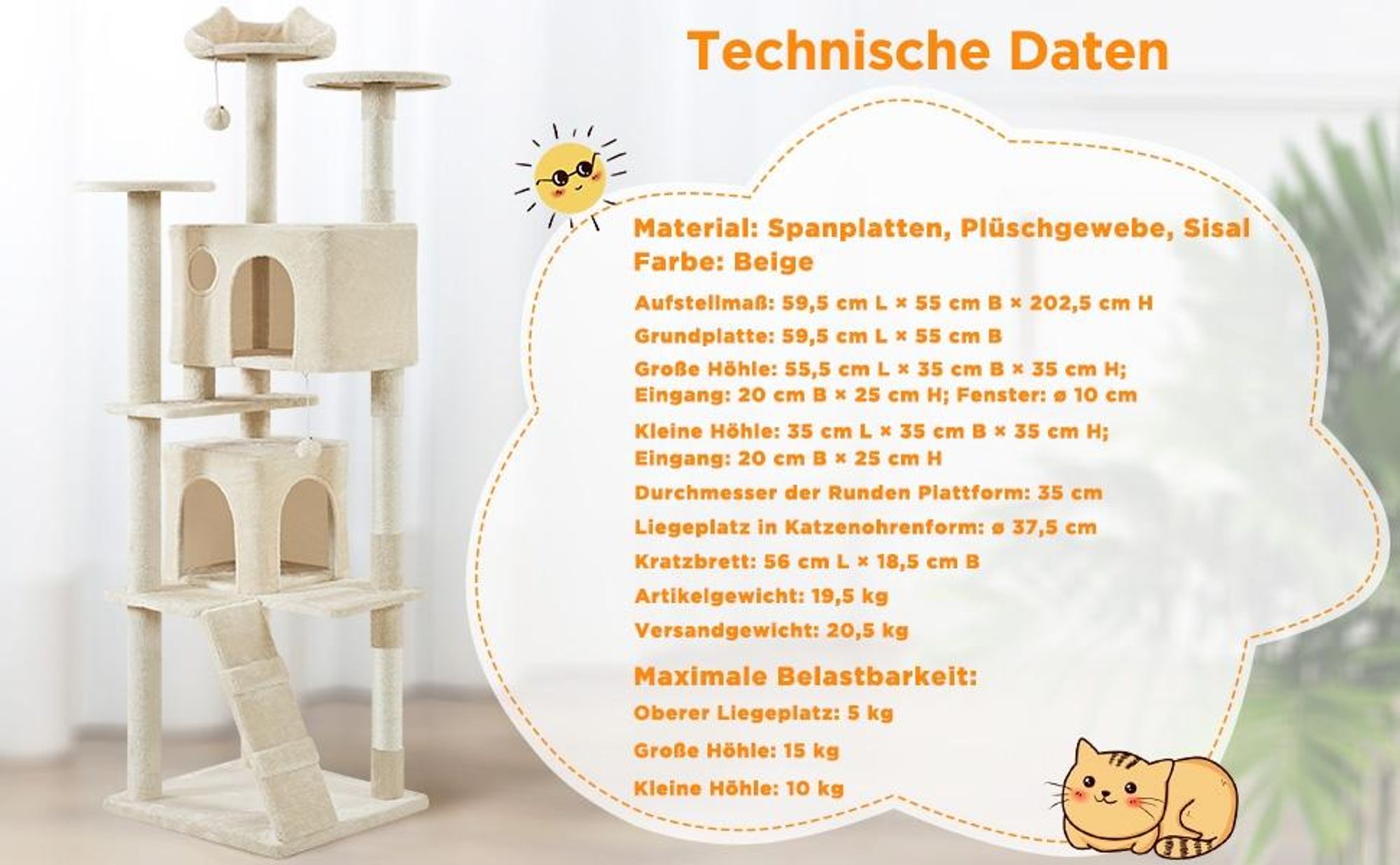 Yaheetech XXL Kratzbaum, 202,5 cm, mehrstufig, mit 3 Sisalstämmen, 3 Aussichtsplattformen, 2 Katzenhöhlen & 2 Plüschbällen, Beige