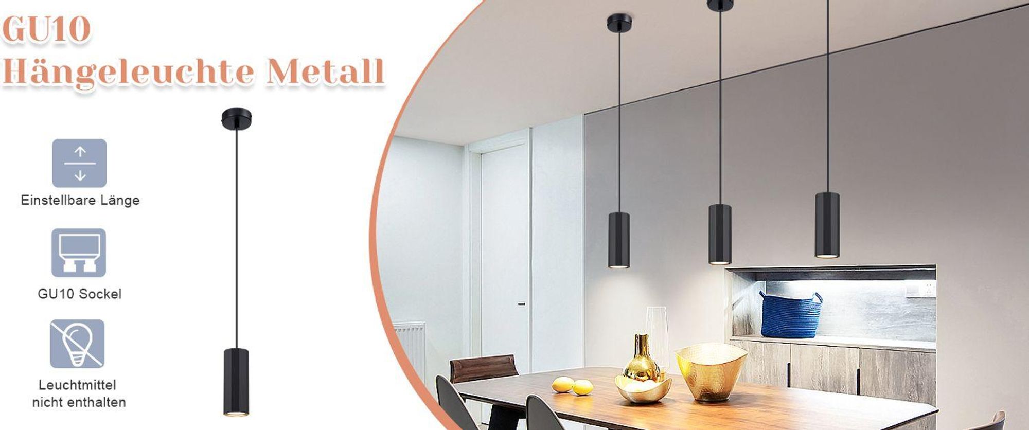 ZMH Hanglamp, zwart, metaal, 1 lichtpunt, pendelarmatuur, GU10, modern, industriële hanglamp voor woonkamer, eetkamer, keuken, slaapkamer