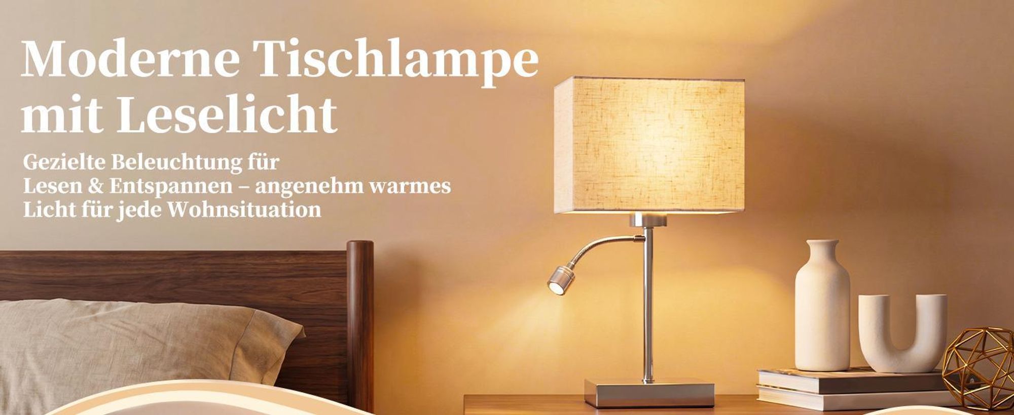 ZMH Tischlampe mit kabel Nachttischlampe 360°Schwenkbar Leselampe Stoffschirm E27 Tischleuchte mit separatem Schalter Nachttischleuchte für Wohnzimmer