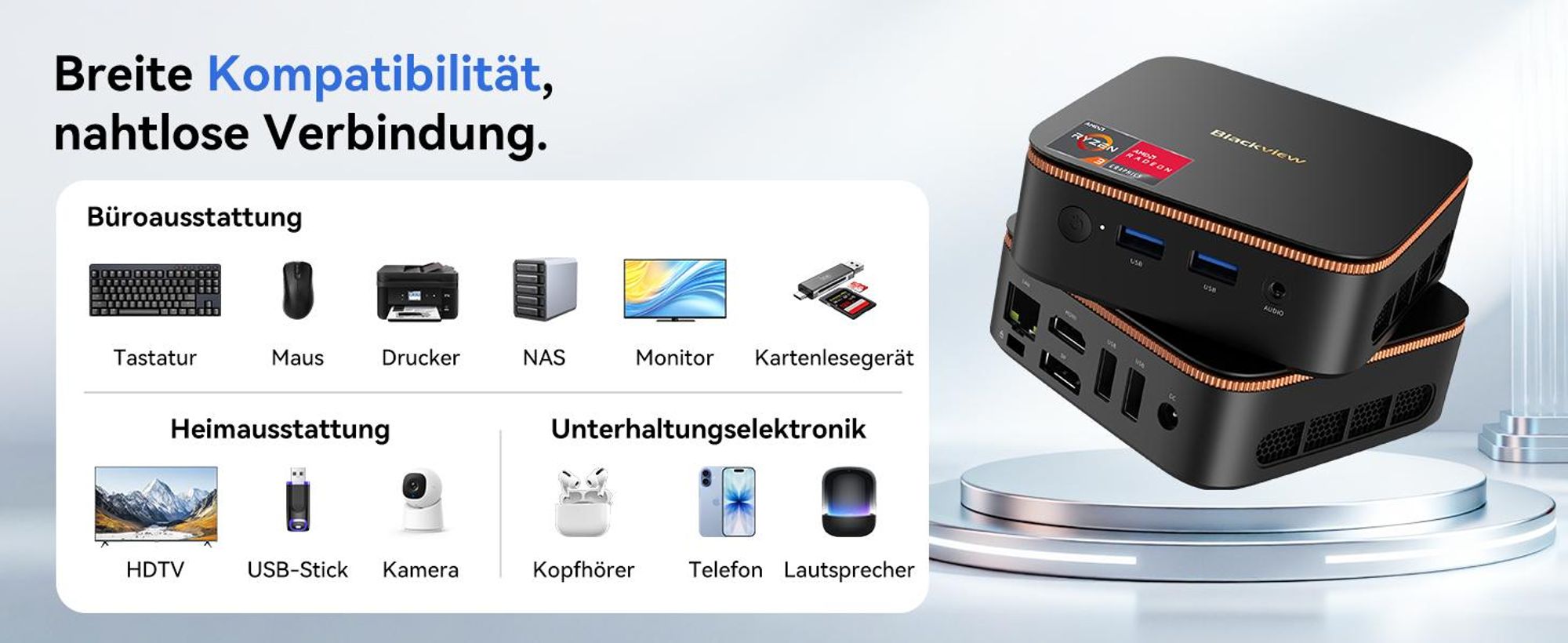 Blackview MP20 Ryzen 3  3300U Desktop-PC, Win 11Pro 3,6 GHz, 16GB RAM 512GB SSD M.2 Mini Computer, 4K Dual Display, WiFi 6, für Zuhause Büro