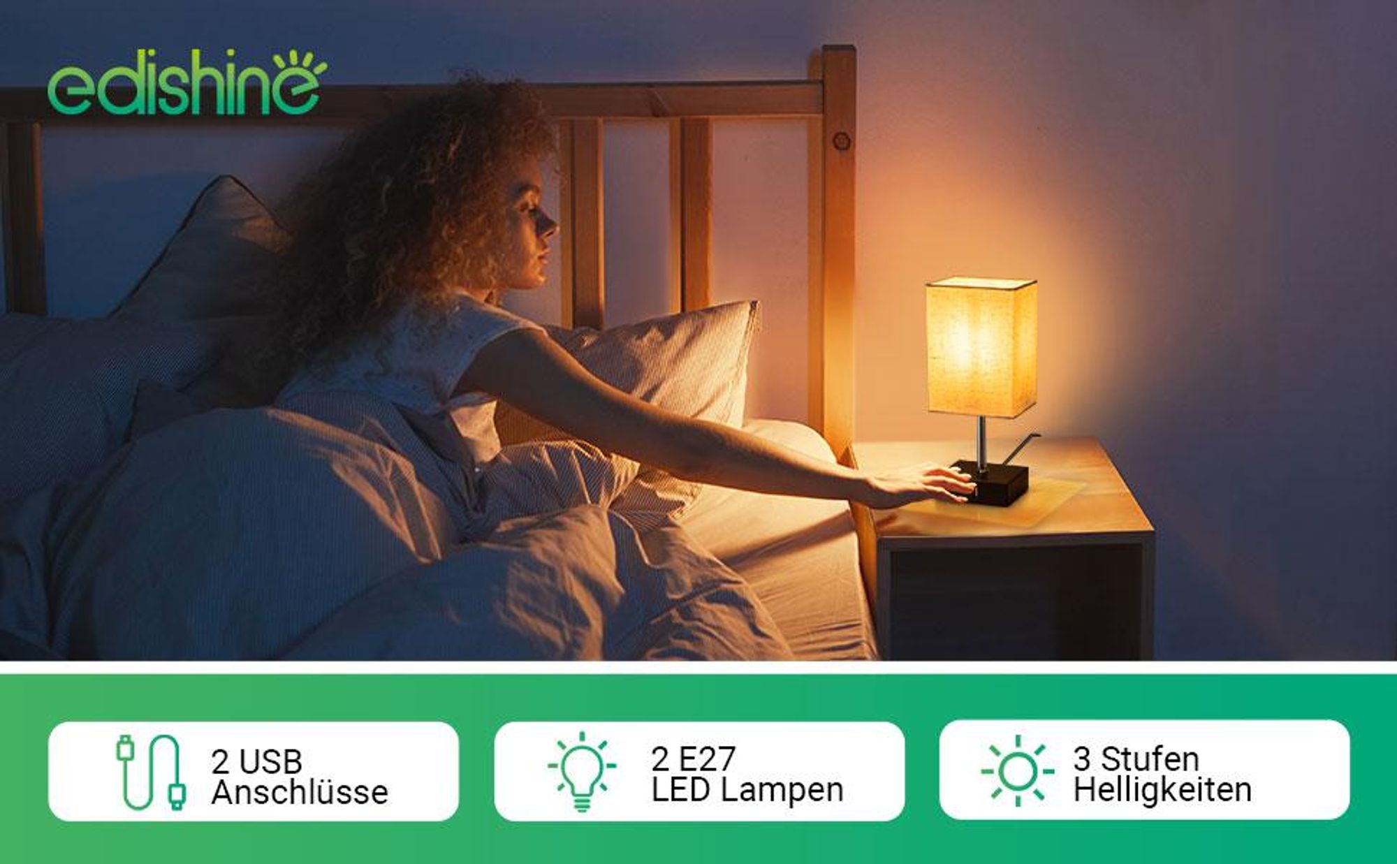 EDISHINE LED Nachttischlampe Touch Dimmbar 2er Set,Tischlampe Modern mit Ladefunktion, Kleine Lampe, für Schlafzimmer, Wohnzimmer,Fensterbank,Geschenk