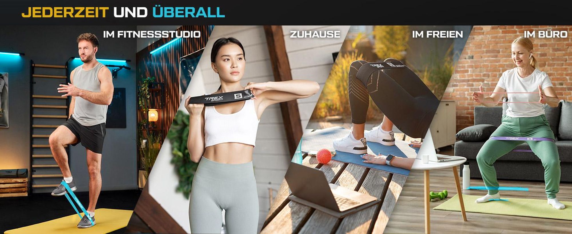 TREX SPORT Gymnastikband 5 Stück Set TX-065RBV Widerstandsband | Fitnessband 100% Latex, 1-18 kg, robust, elastisch | Resistance Band Neon