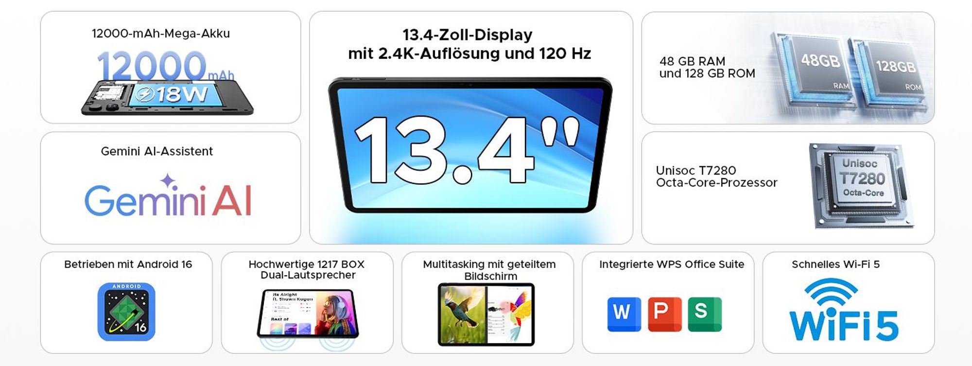POCKAM P13 Tablet Android 16, 13 Zoll 120 Hz, 48(8+40)GB + 128GB/TF 2TB, 12000mAh, 5G WiFi, mit Stift/Maus/Tastatur, 13MP+8MP/Widevine L1/Gemini AI
