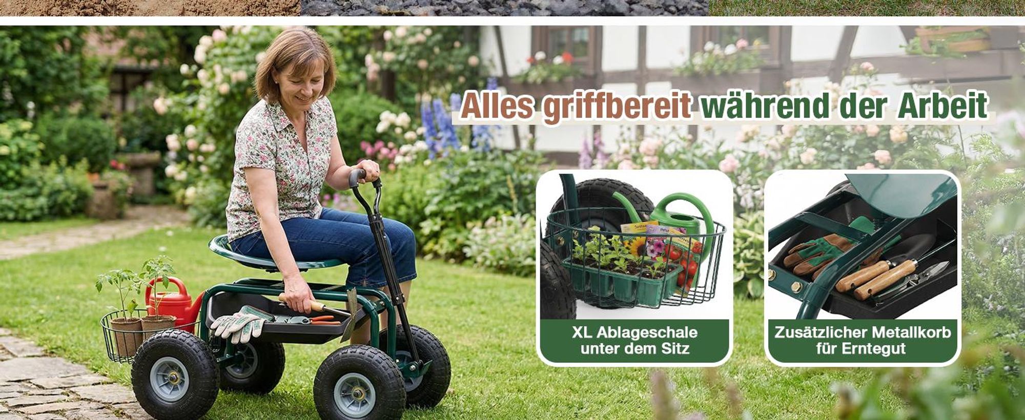 Sekey Kniebank Rollsitz Garten 360 Grad Drehbar Luftreifen Gartensitz Erntehilfe bis 180kg Belastbar Gartenhocker Griff Ablage für Gewächshaus