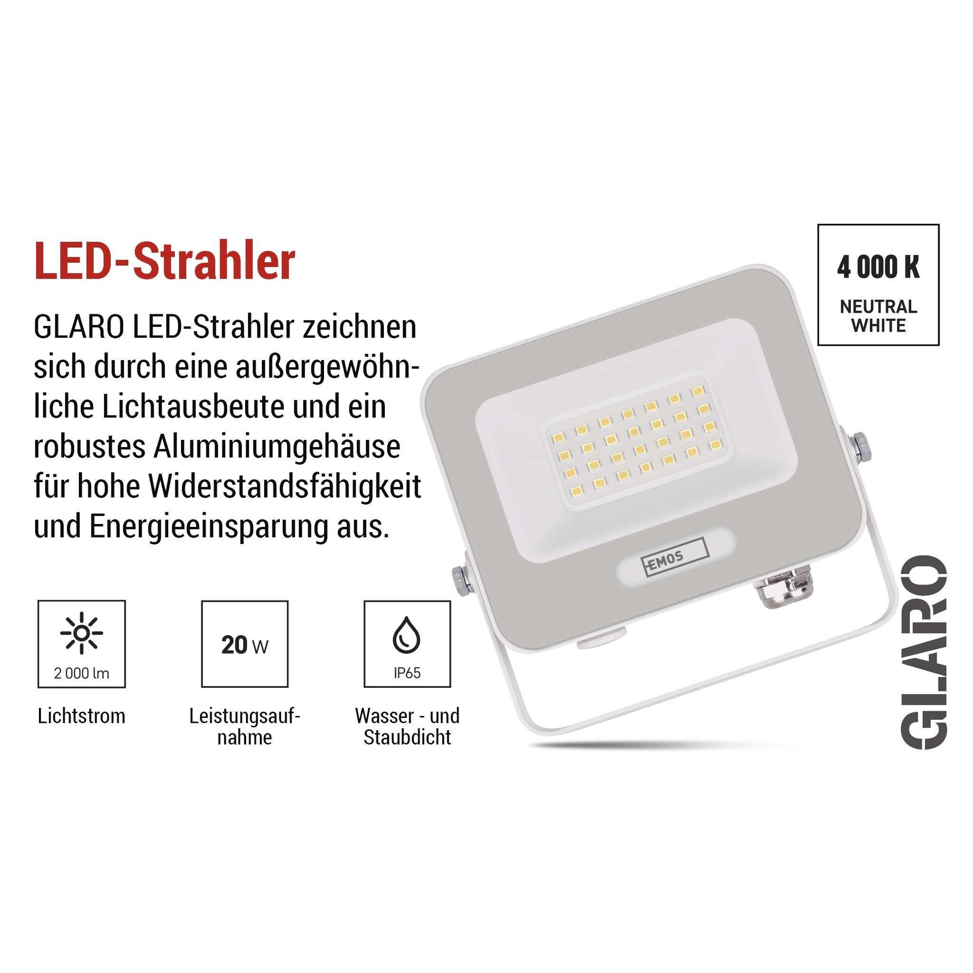 EMOS LED Aluminium-Strahler GLARO 20W, IP65 Wasserdicht für Feuchtraum/Außen, superhell 2000lm, Neutralweiß 4000K, 20cm Gummi-Kabel, Weiß, ZS2224W