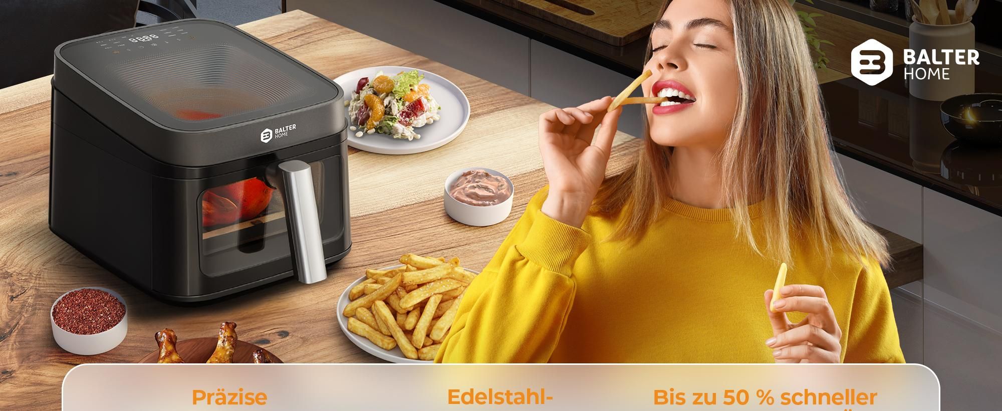 Balter Heißluftfritteuse XXL 6,5L mit Sichtfenster, 1700W, Airfryer, ohne Öl, 12 Programme, Touch-Bedienung, 100 Rezepte, Edelstahl, Schwarz