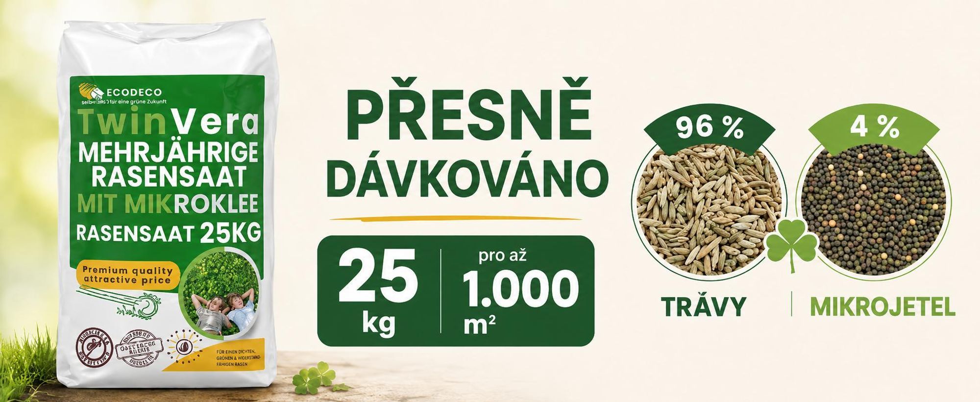 EcoDeco univerzální travní směs s mikrojetelí, odolná proti sešlapání, 25 kg pro 1000 m²