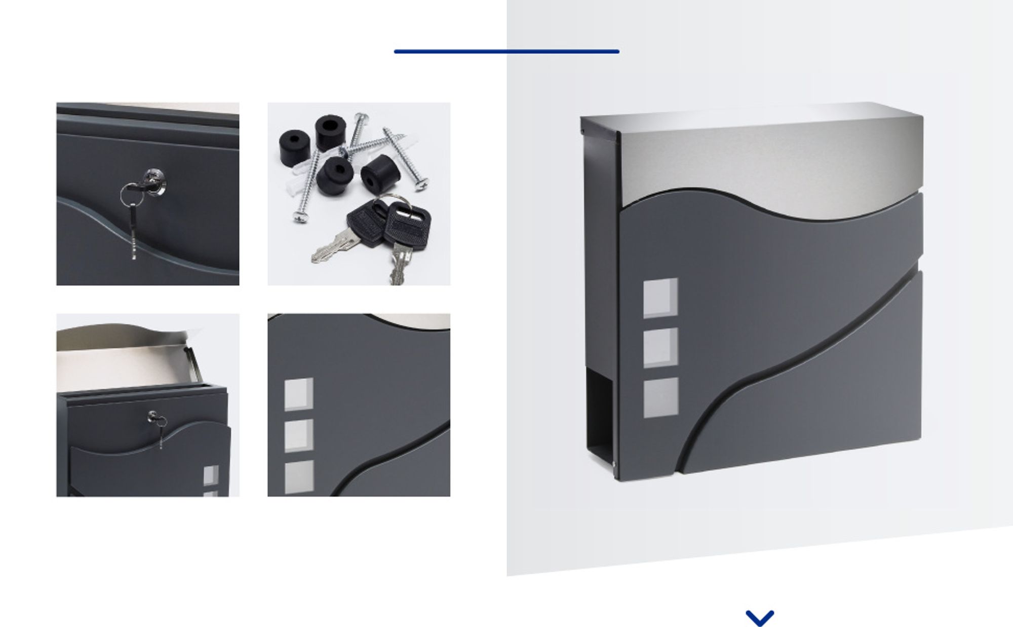Wiltec Designer Briefkasten V28 Anthrazit und Edelstahl 370 x 102 x 370 mm, Wandbriefkasten mit Schloss, Sichtfenstern und Zeitungsrolle, Postkasten aus pulverbeschichtetem Stahl