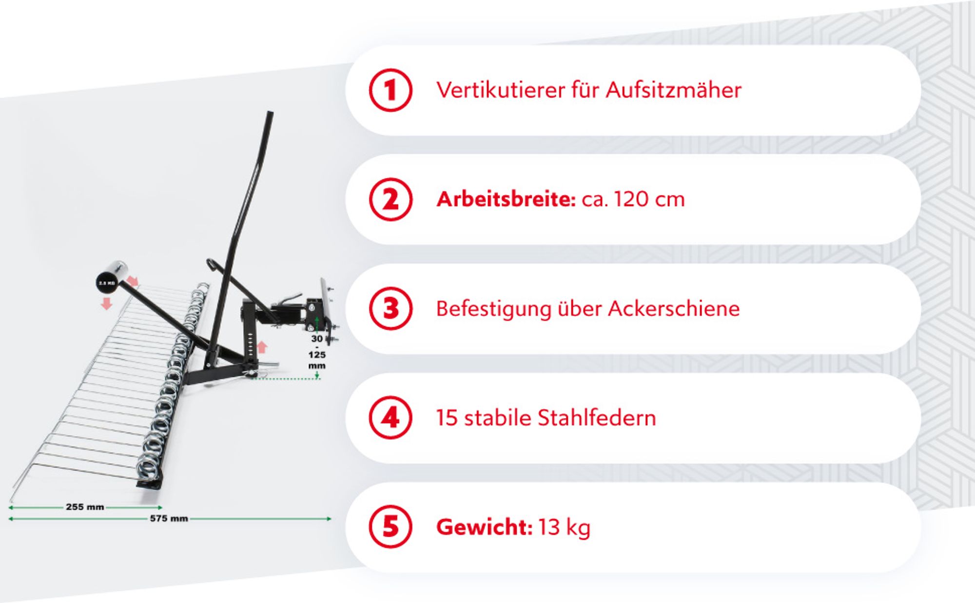 Wiltec Vertikutierer 120 cm für Aufsitzmäher, Rasenlüfter mit Stahlfedern für Rasentraktor, Rasenvertikutierer zum Rasen lüften und als Moosentferner