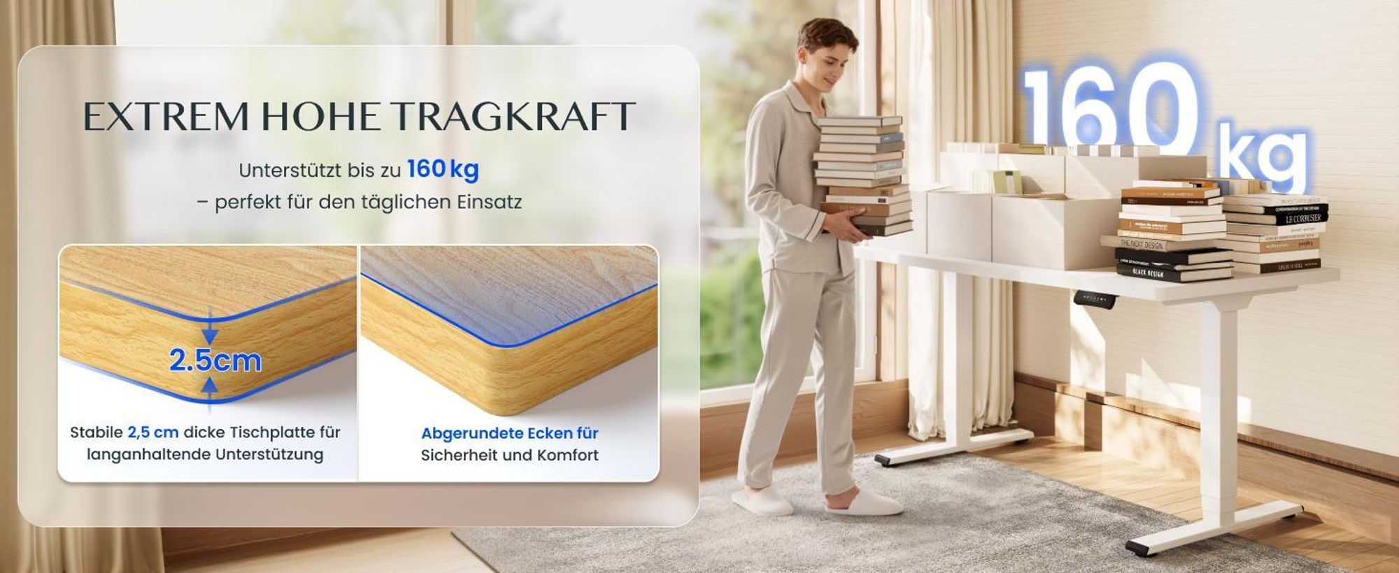 FLEXISPOT EC5 Pro Höhenverstellbarer Schreibtisch 140x80cm, 160kg Tragkraft, 25MM EINTEILIGE TISCHPLATTE, Dual-Motor, Sitz-Steh-Erinnerung (Weiß)