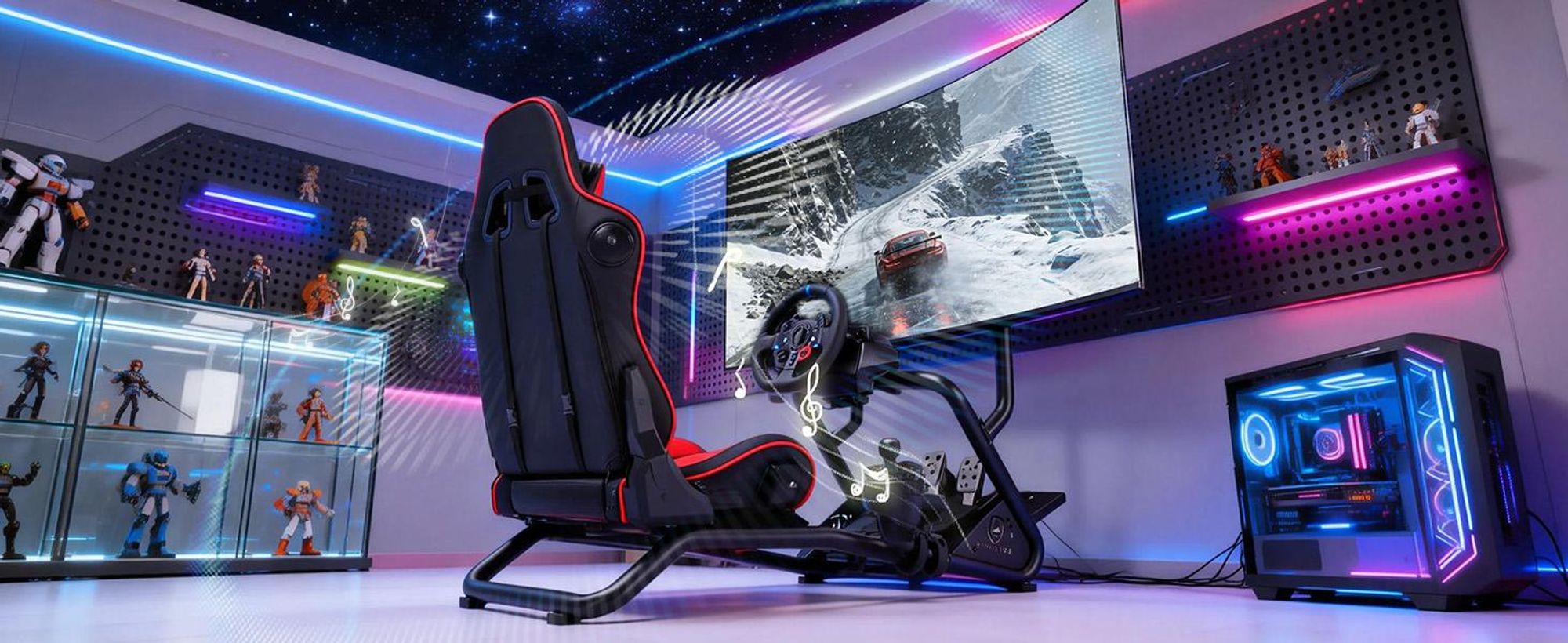 GTPLAYER Simulator Cockpit,Rennsimulator lenkradständer mit 3D-Stereo-Lautsprechern, Monitorhalterung, verstellbarer Lenkradhalterung, Schalthebelhalt