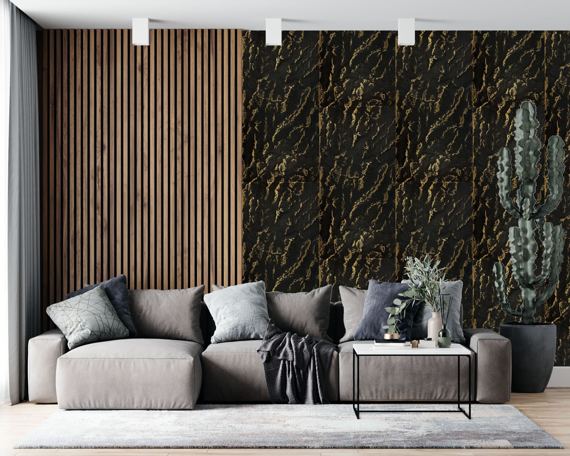 DECCART | 3D-Deckenplatten | Schwarz-goldene Wandpaneele | Boulder | Felsimitation | 100x50cm | 0,5m2