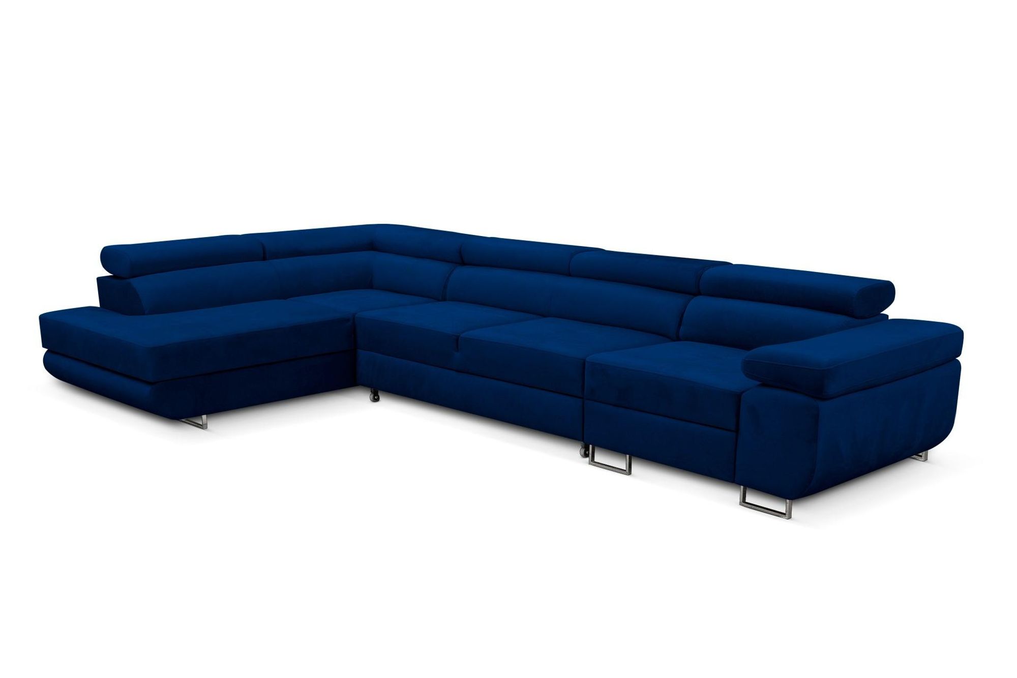 Ecksofa Miami Long Monolith 77-form mit Schlaffunktion und Bettkasten dunkelblau, Links Ottomane