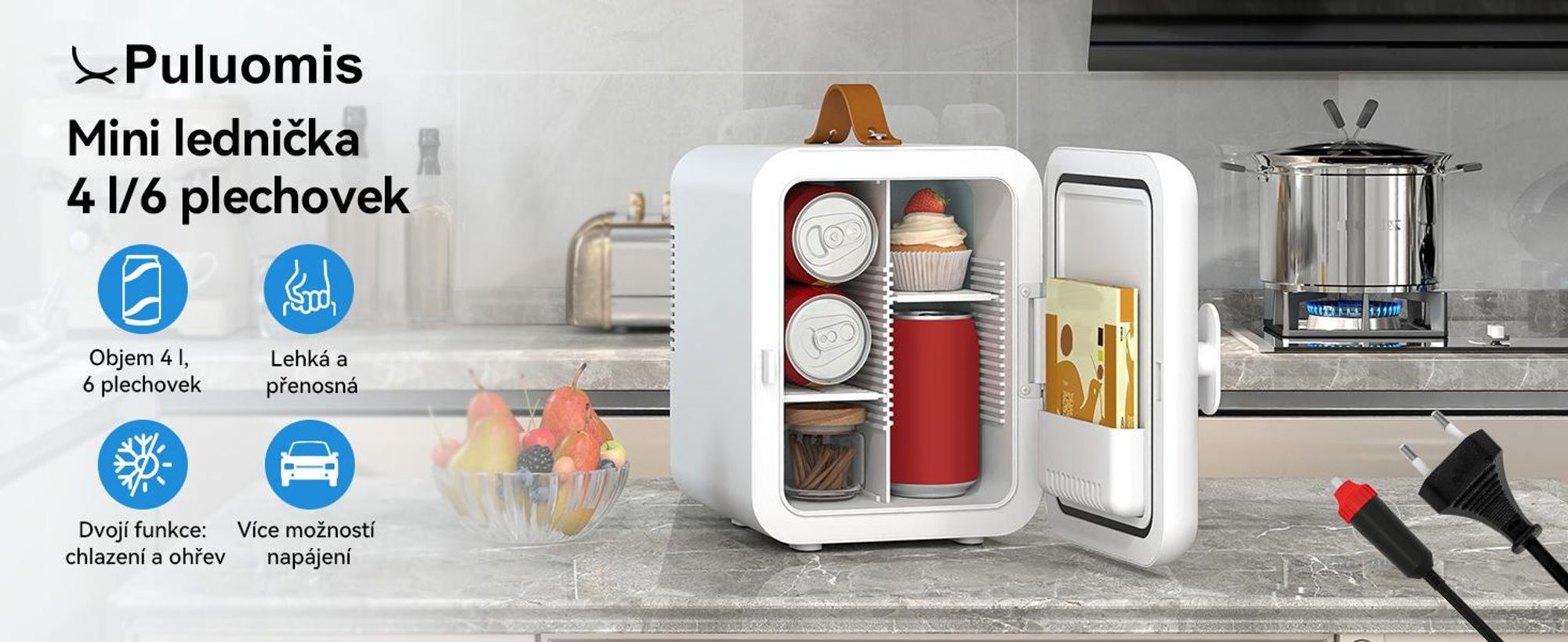 Puluomis Mini lednička o objemu 4 litry s funkcí chlazení i ohřevu, rozsah teplot 5°C až 60°C, napájení 220-240V/12V, provozní hlučnost ≤38dB, přenosná lednička/ohřívač vhodná pro kosmetiku, nápoje, do auta