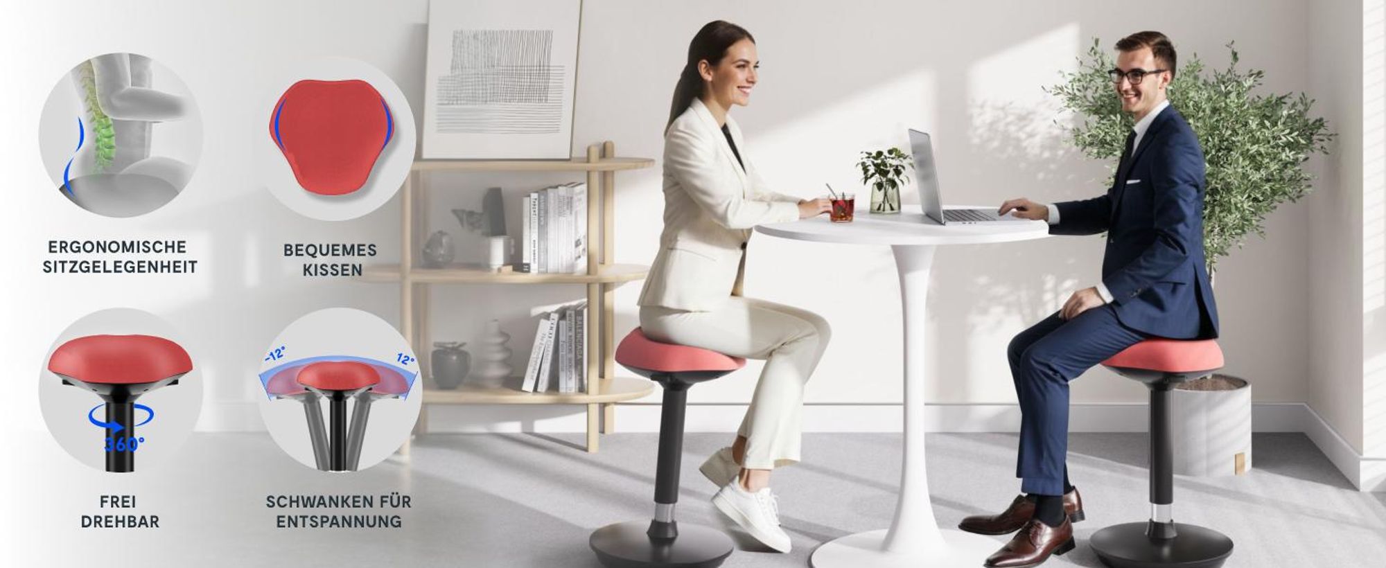 FLEXISPOT 2er Set Ergonomischer Arbeitshocker – Höhenverstellbare Stehhilfe, 360° drehbar, Bürohocker – Schreibtischhocker – Sitz-Steh-Hocker (Rot)