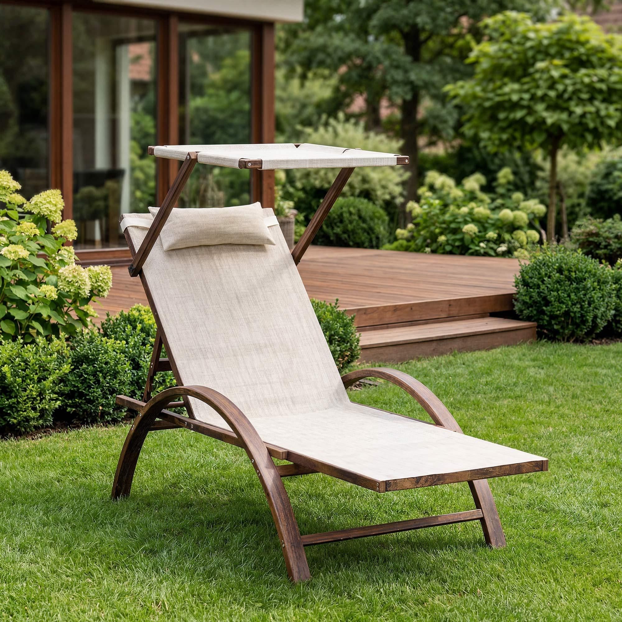 di volio Sonnenliege SPELIO – ergonomische Liege aus Lärchenholz mit Sonnendach und Kissen, wetterfester Liegestuhl für Garten (Beige)